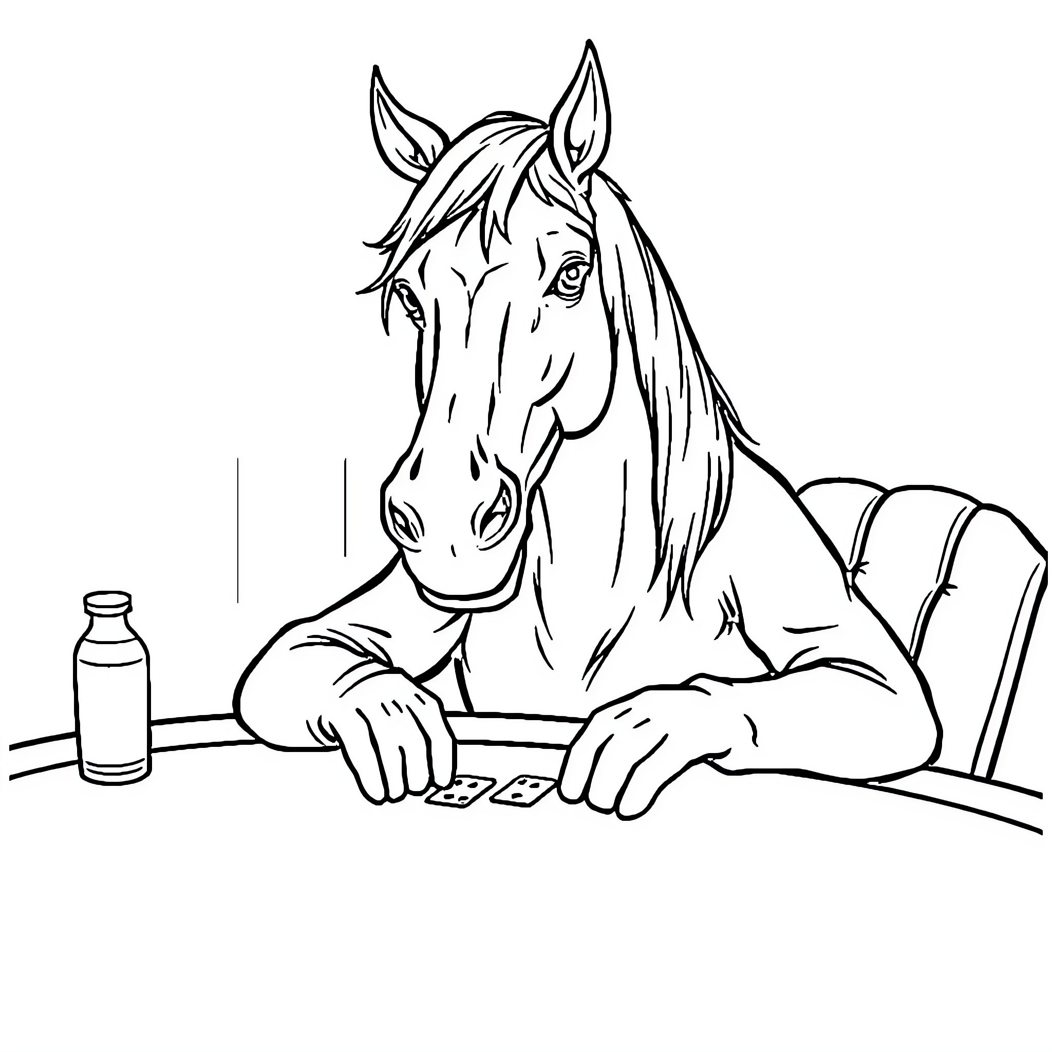 Horse receiving medication or care Coloring Page (free black-and-white line drawing printable PDF for all, from beginners to advanced learners, including children, teens, adults, and seniors)