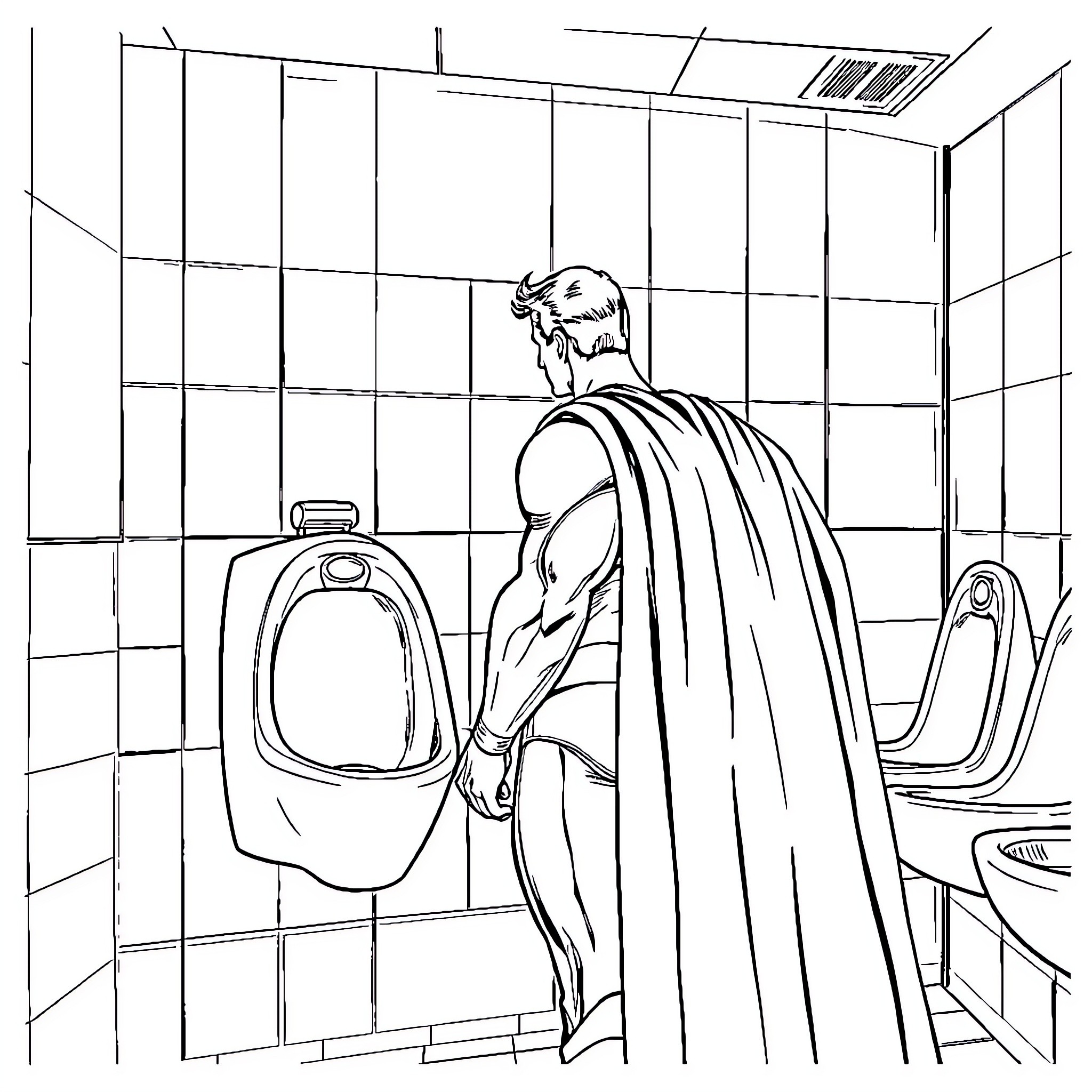 Superman using public restroom in a tiled room Coloring Page (free black-and-white line drawing printable PDF for all, from beginners to advanced learners, including children, teens, adults, and seniors)