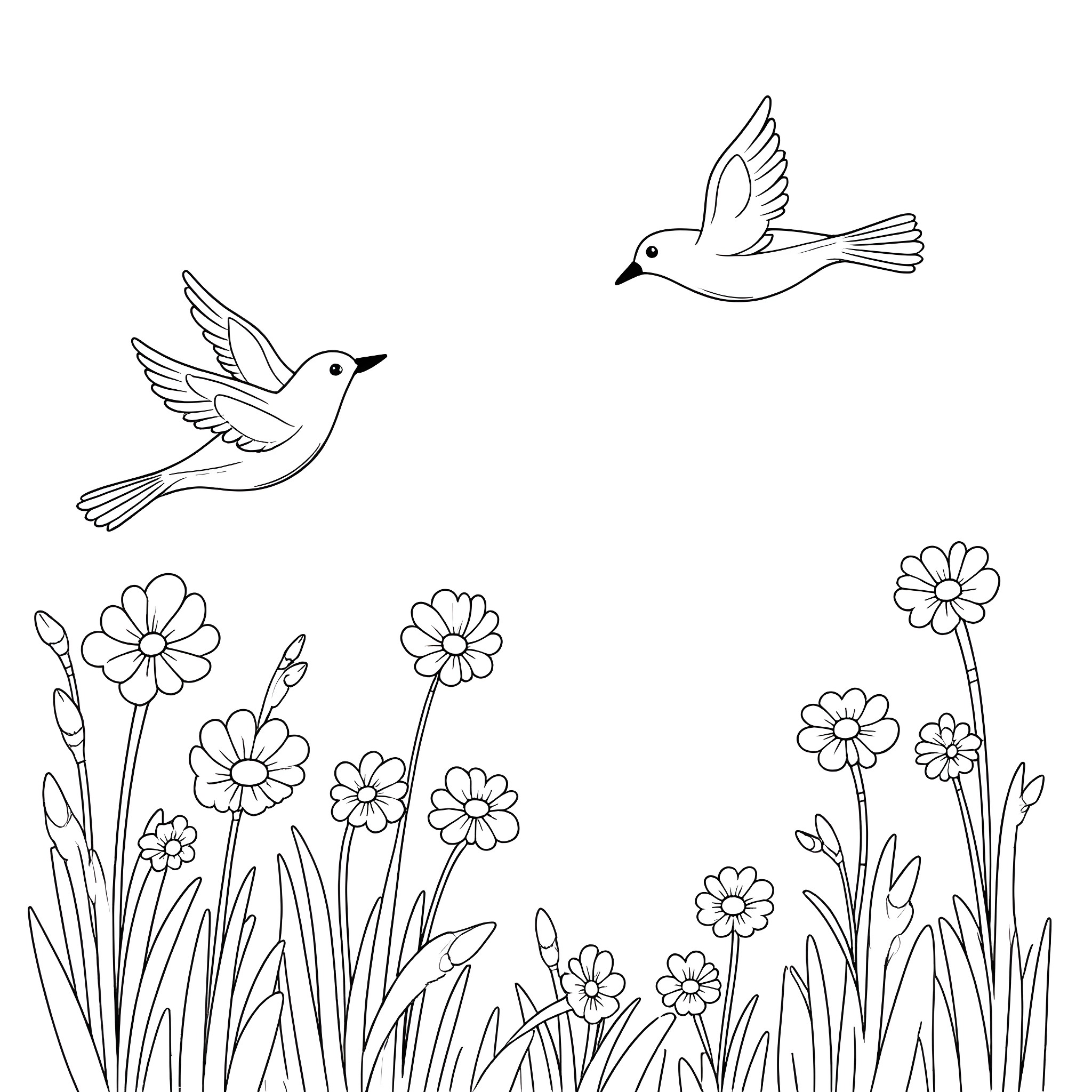 Spring birds and flowers in the garden Coloring Page (free black-and-white line drawing printable PDF for all, from beginners to advanced learners, including children, teens, adults, and seniors)