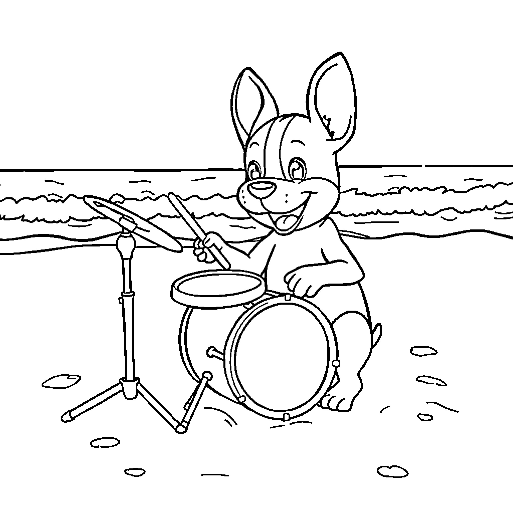 French Bulldog playing drums on the beach Coloring Page (free black-and-white line drawing printable PDF for all, from beginners to advanced learners, including children, teens, adults, and seniors)