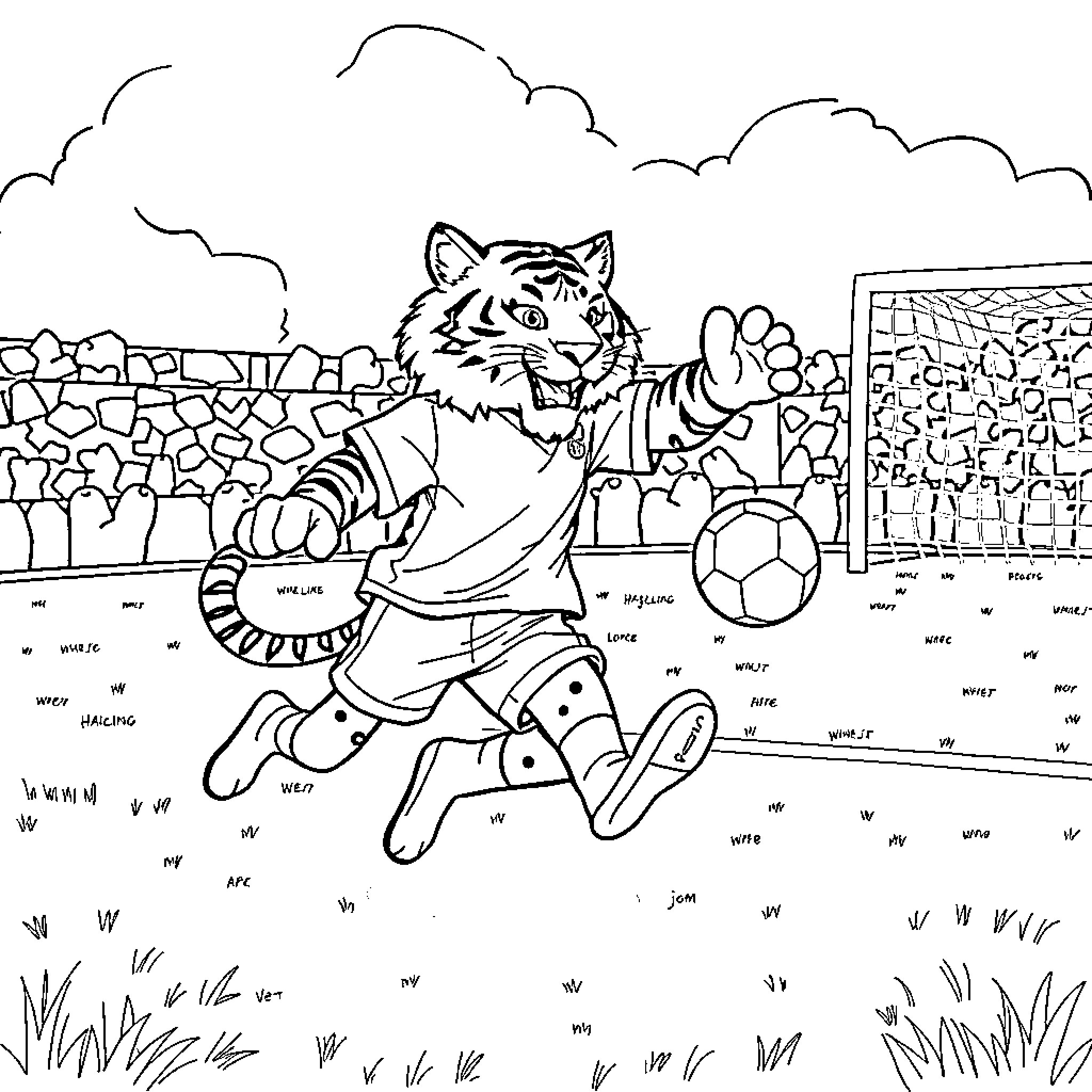 Tiger playing soccer on the field Coloring Page (free black-and-white line drawing printable PDF for all, from beginners to advanced learners, including children, teens, adults, and seniors)
