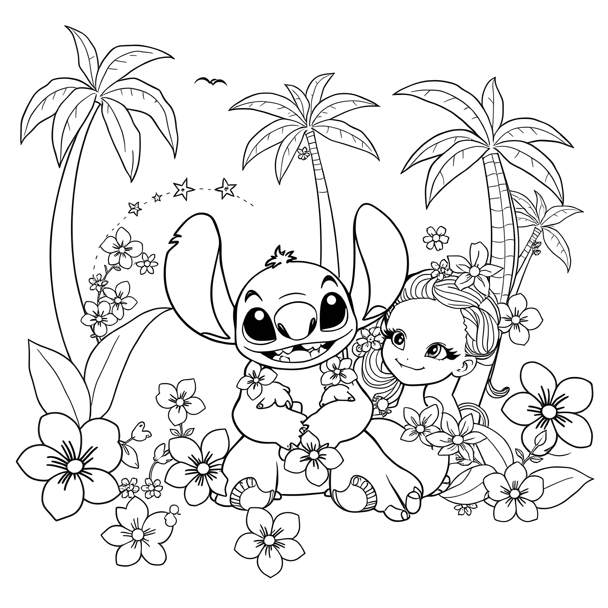 Stitch and Lilo enjoying a tropical paradise Coloring Page (free black-and-white line drawing printable PDF for all, from beginners to advanced learners, including children, teens, adults, and seniors)
