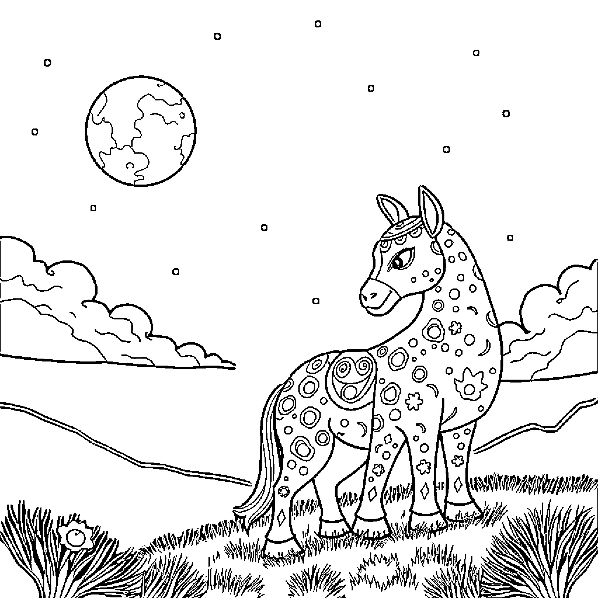 Tralaleo Spotted Creature Roaming Under the Moonlit Sky Coloring Page (free black-and-white line drawing printable PDF for all, from beginners to advanced learners, including children, teens, adults, and seniors)