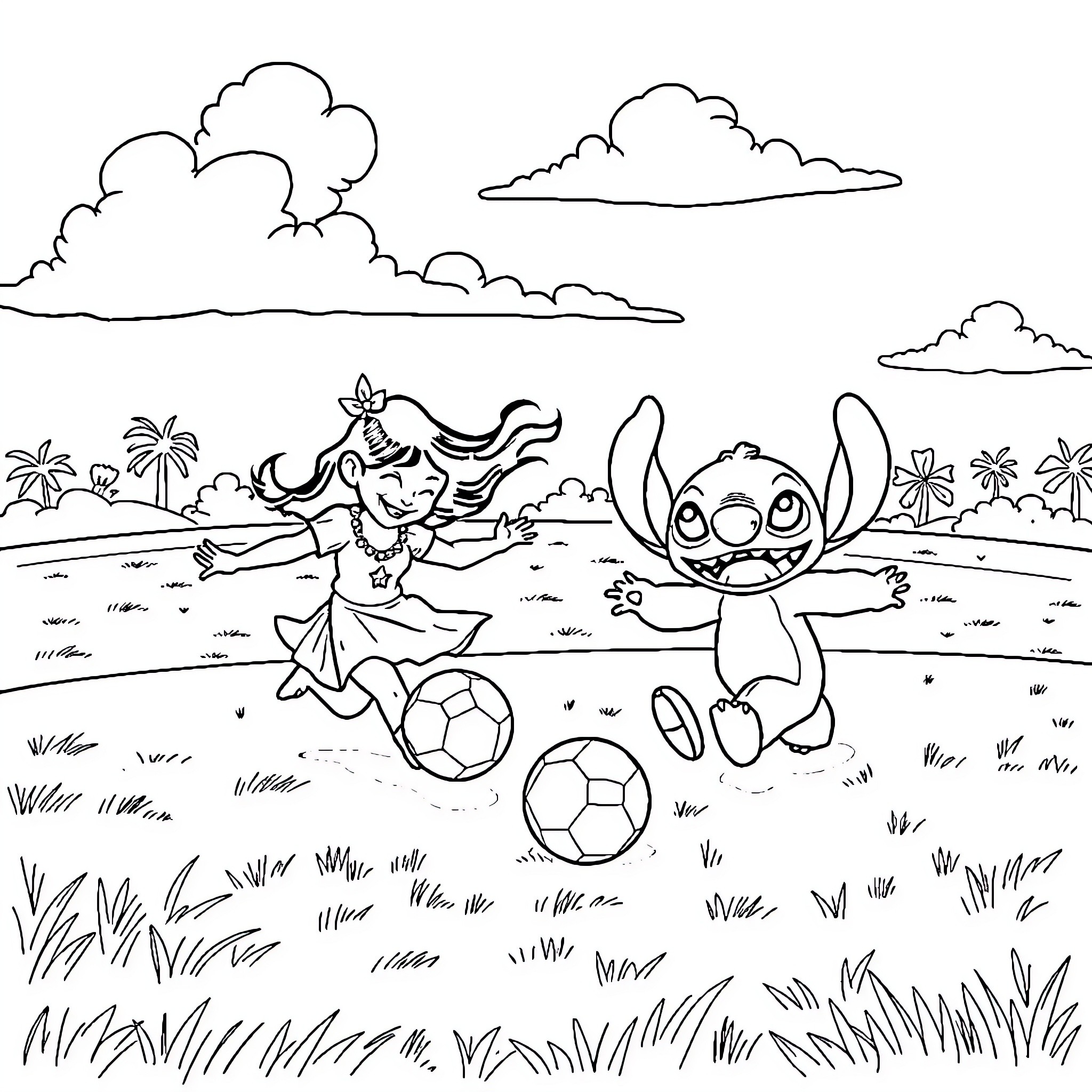 Lilo playing soccer with Stitch in a tropical paradise Coloring Page (free black-and-white line drawing printable PDF for all, from beginners to advanced learners, including children, teens, adults, and seniors)