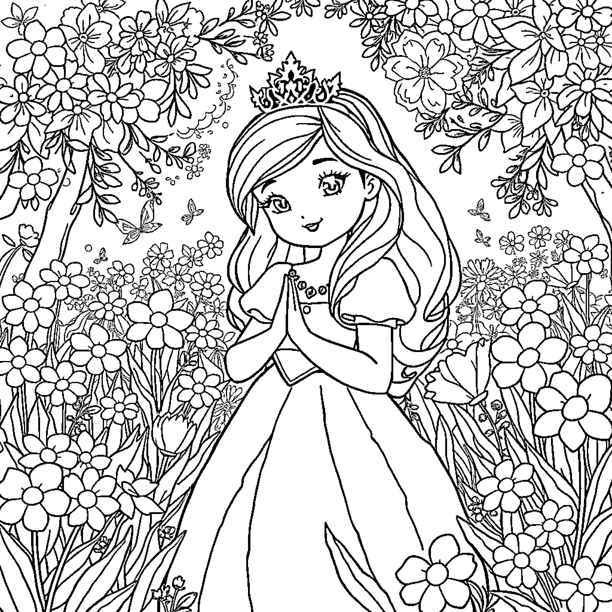 Princess in Blooming Floral Garden Coloring Page (free black-and-white line drawing printable PDF for all, from beginners to advanced learners, including children, teens, adults, and seniors)