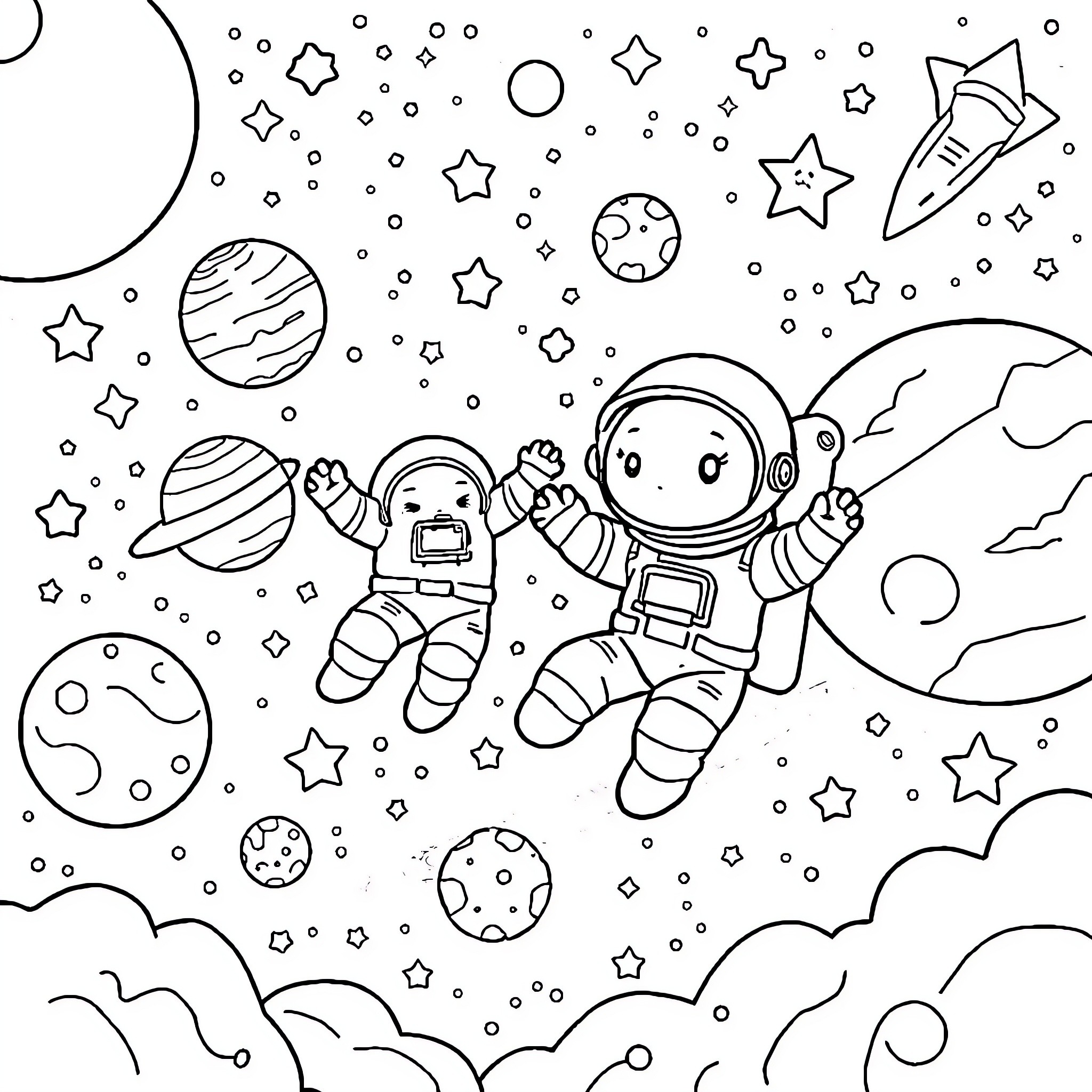 Astronauts exploring the wonders of outer space Coloring Page (free black-and-white line drawing printable PDF for all, from beginners to advanced learners, including children, teens, adults, and seniors)