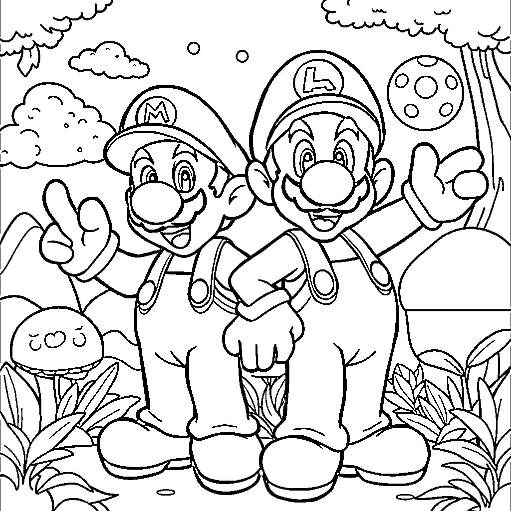 Mario and Luigi's Joyful Adventure Coloring Page (free black-and-white line drawing printable PDF for all, from beginners to advanced learners, including children, teens, adults, and seniors)