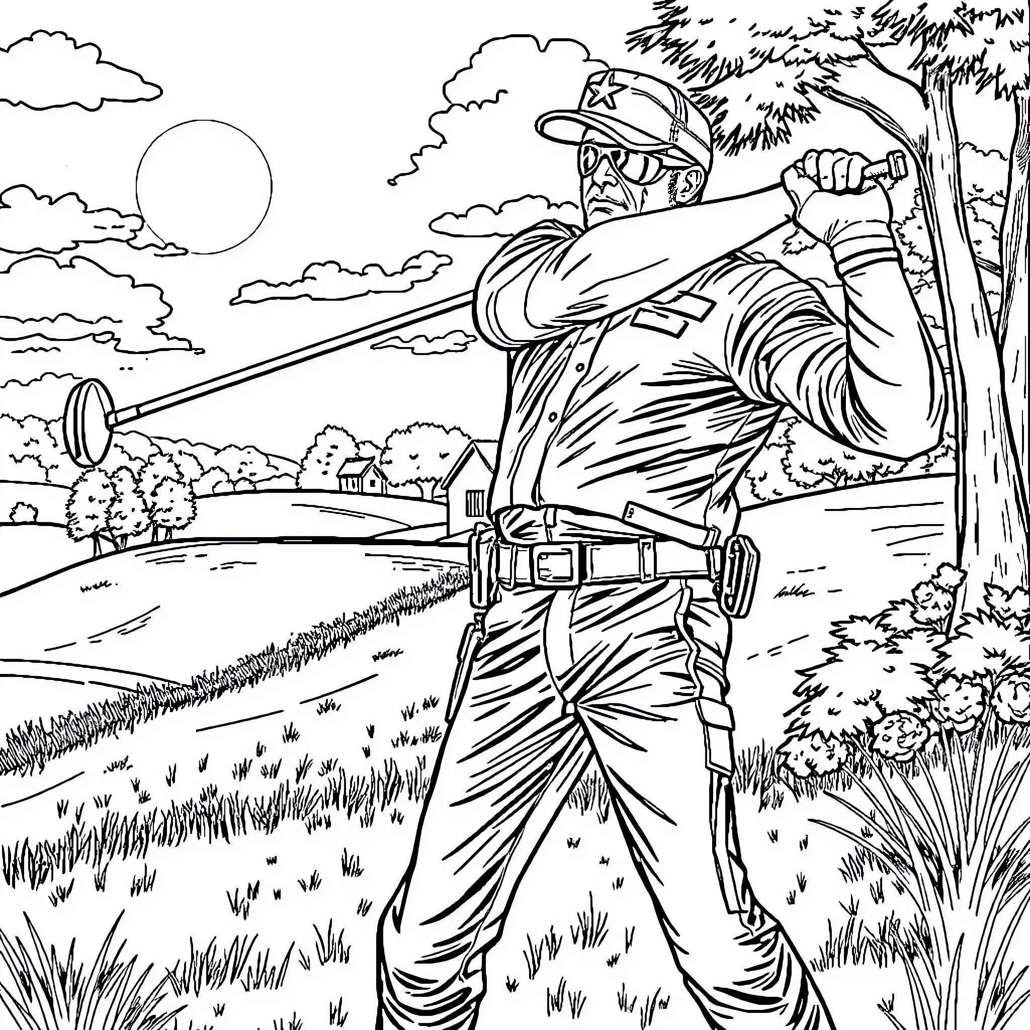 Winter Soldier Aims His Weapon in the Wilderness Coloring Page (free black-and-white line drawing printable PDF for all, from beginners to advanced learners, including children, teens, adults, and seniors)