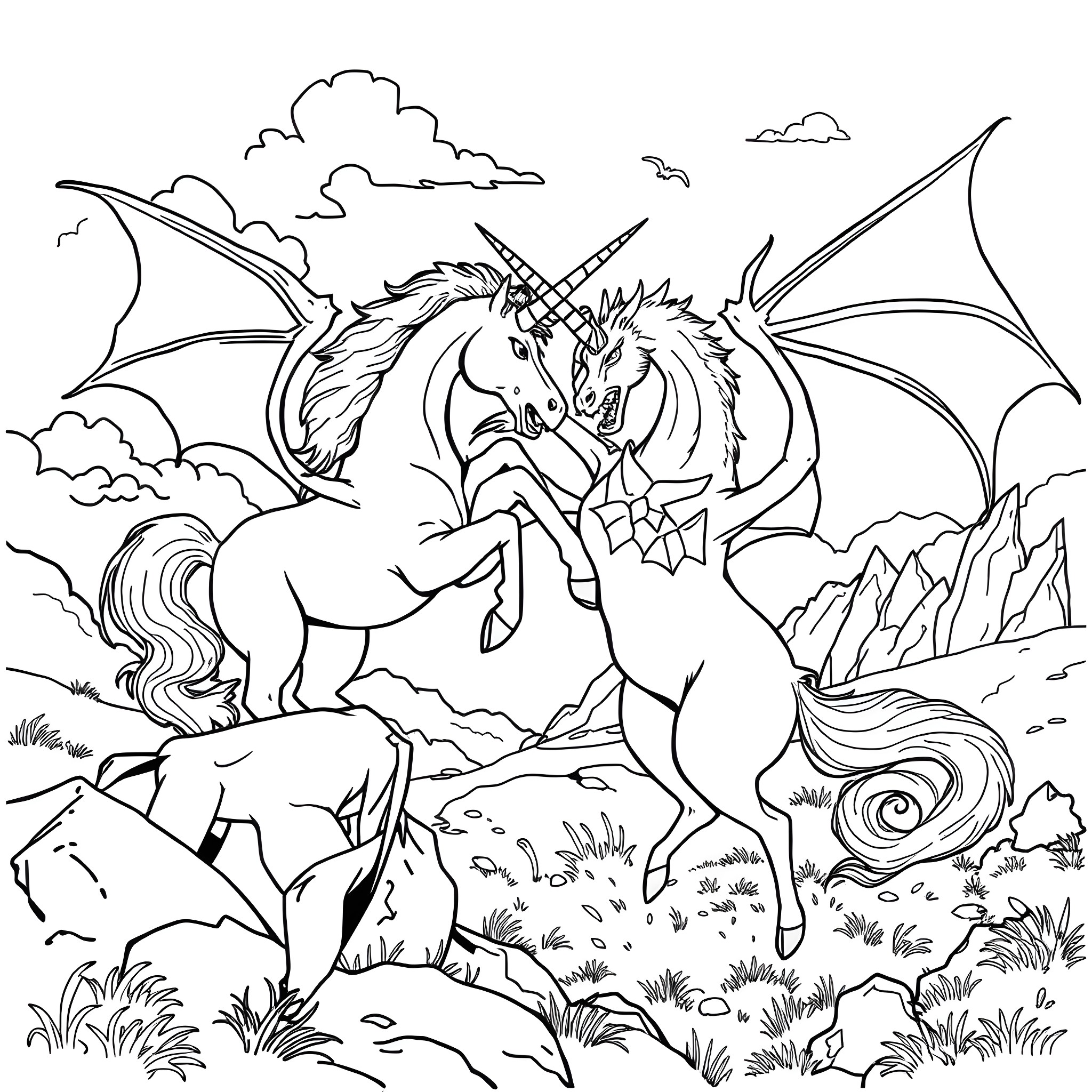 Unicorn and dragon battling in a fantasy landscape Coloring Page (free black-and-white line drawing printable PDF for all, from beginners to advanced learners, including children, teens, adults, and seniors)