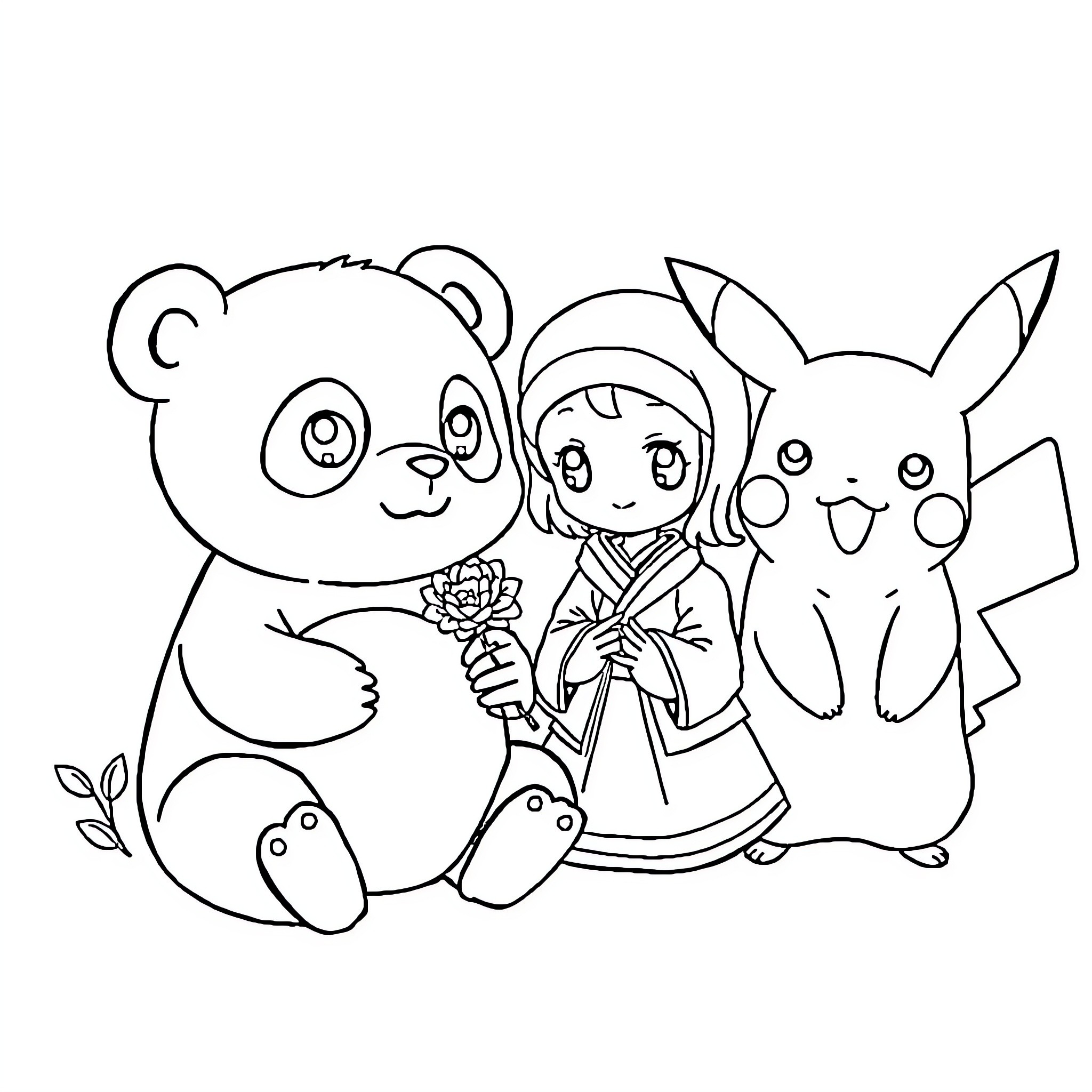 Panda, pikachu, and girl in traditional outfit Coloring Page (free black-and-white line drawing printable PDF for all, from beginners to advanced learners, including children, teens, adults, and seniors)