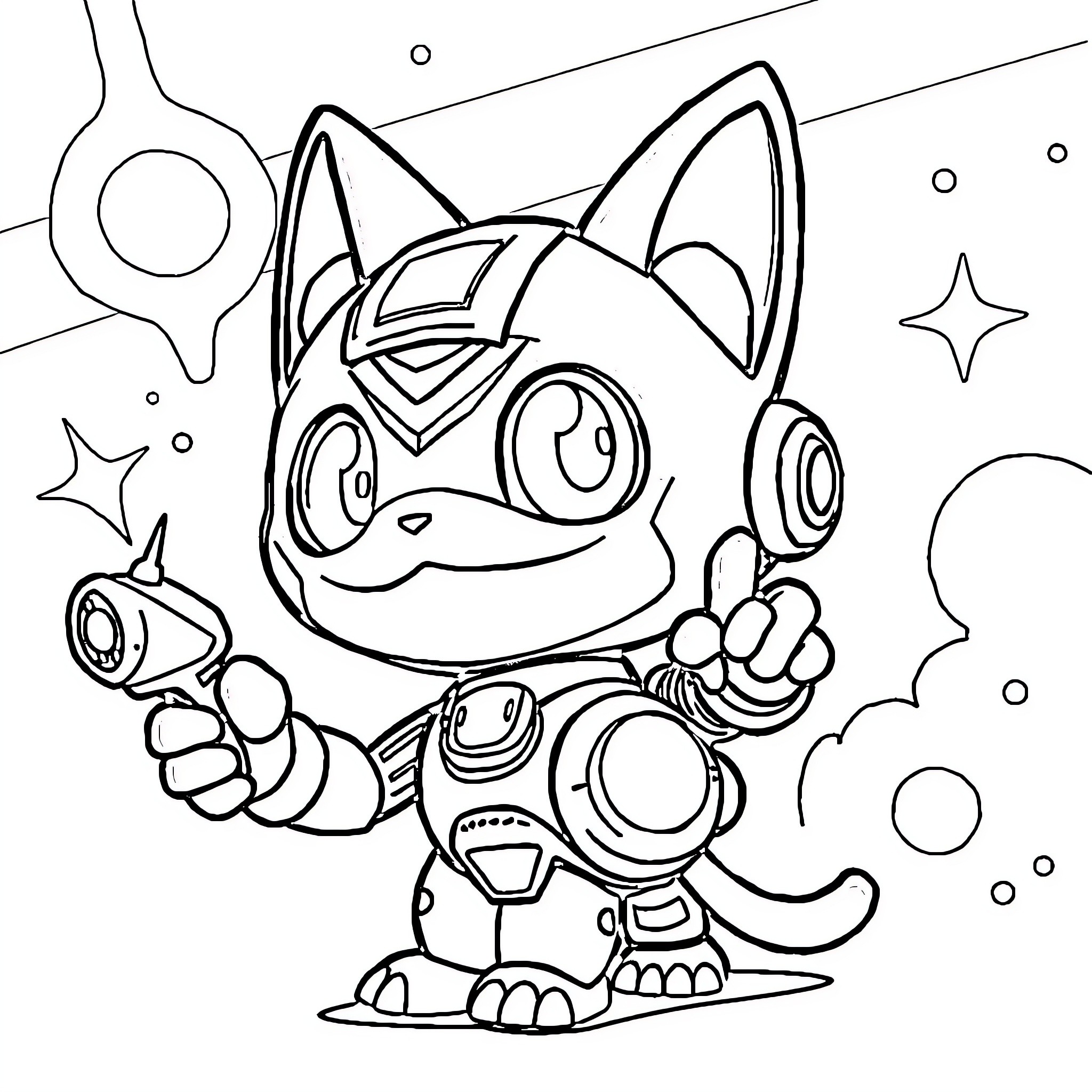 Doremon in futuristic space adventure Coloring Page (free black-and-white line drawing printable PDF for all, from beginners to advanced learners, including children, teens, adults, and seniors)
