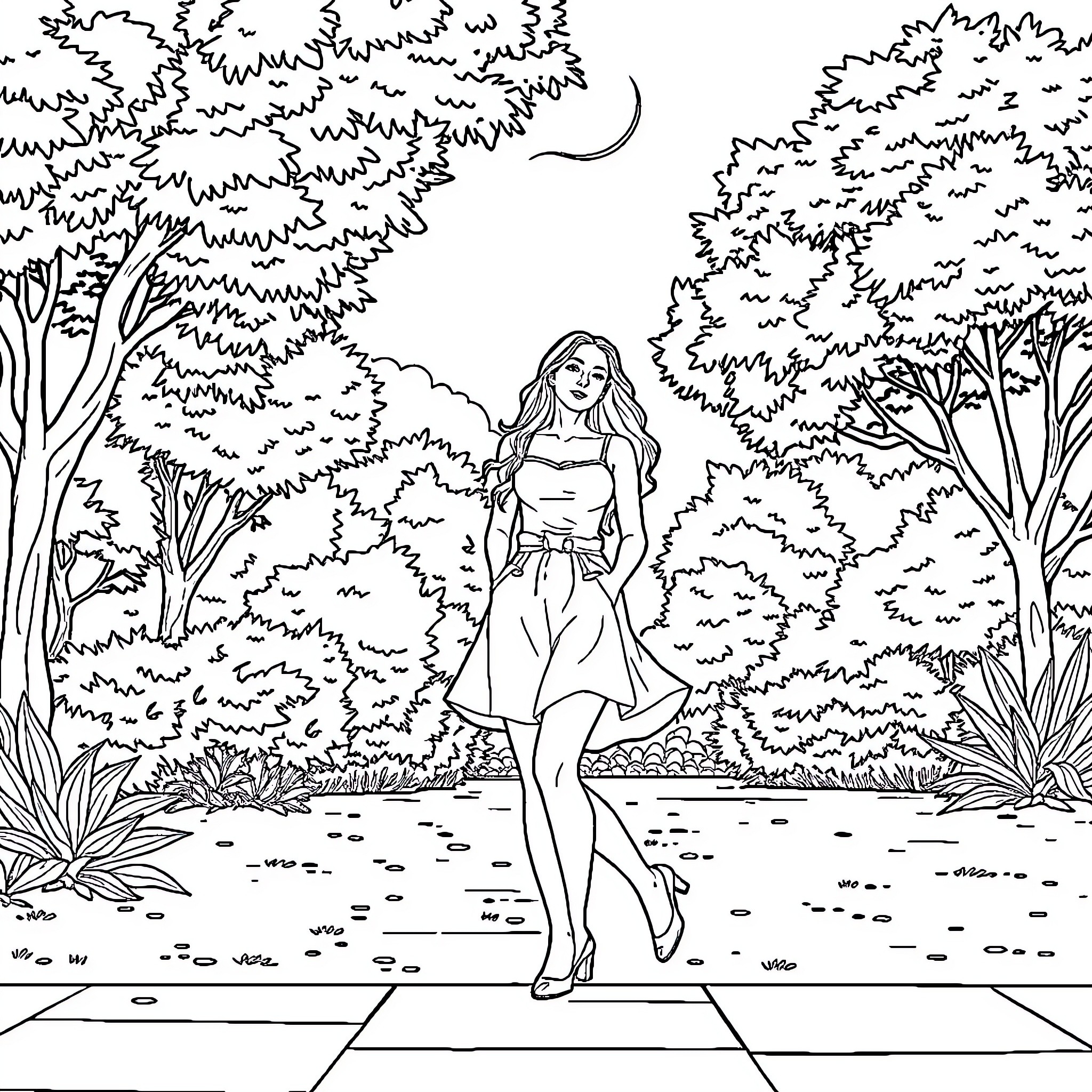 Woman walking through a peaceful forest landscape Coloring Page (free black-and-white line drawing printable PDF for all, from beginners to advanced learners, including children, teens, adults, and seniors)
