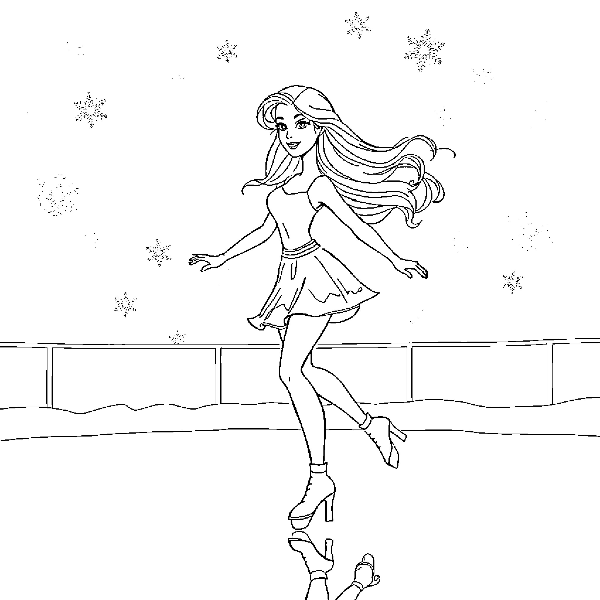 Barbie dancing gracefully in the winter wonderland Coloring Page (free black-and-white line drawing printable PDF for all, from beginners to advanced learners, including children, teens, adults, and seniors)