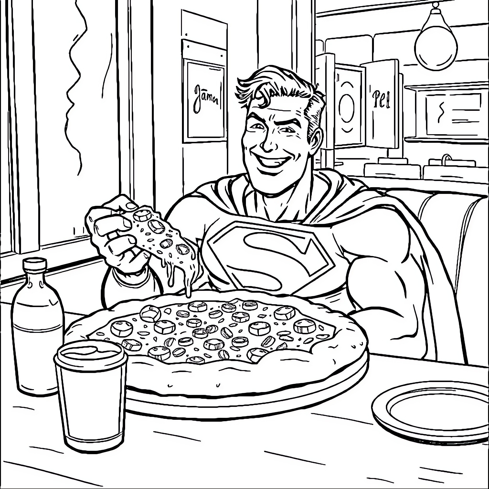 Superman Enjoying a Delicious Pizza at Home Coloring Page (free black-and-white line drawing printable PDF for all, from beginners to advanced learners, including children, teens, adults, and seniors)