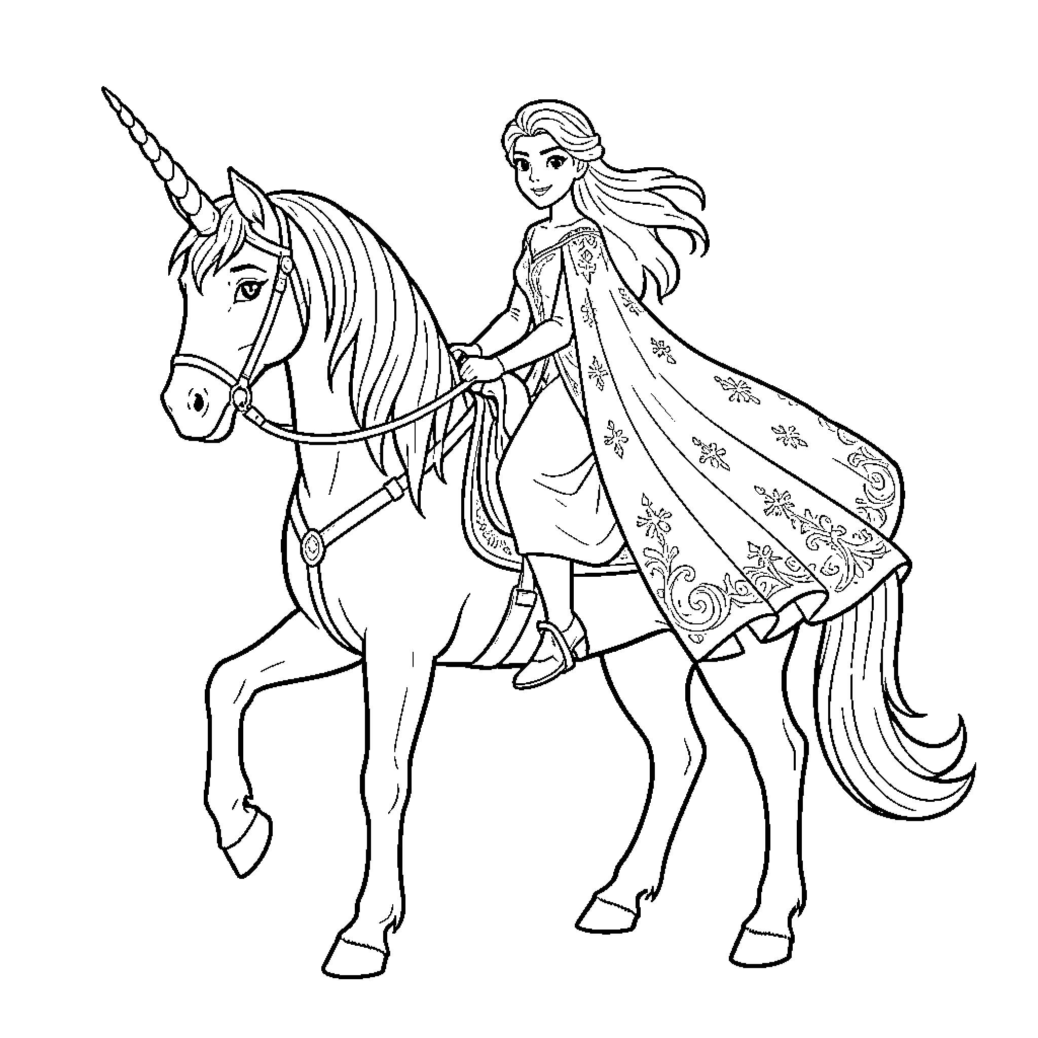 Snow Queen riding a majestic unicorn Coloring Page (free black-and-white line drawing printable PDF for all, from beginners to advanced learners, including children, teens, adults, and seniors)