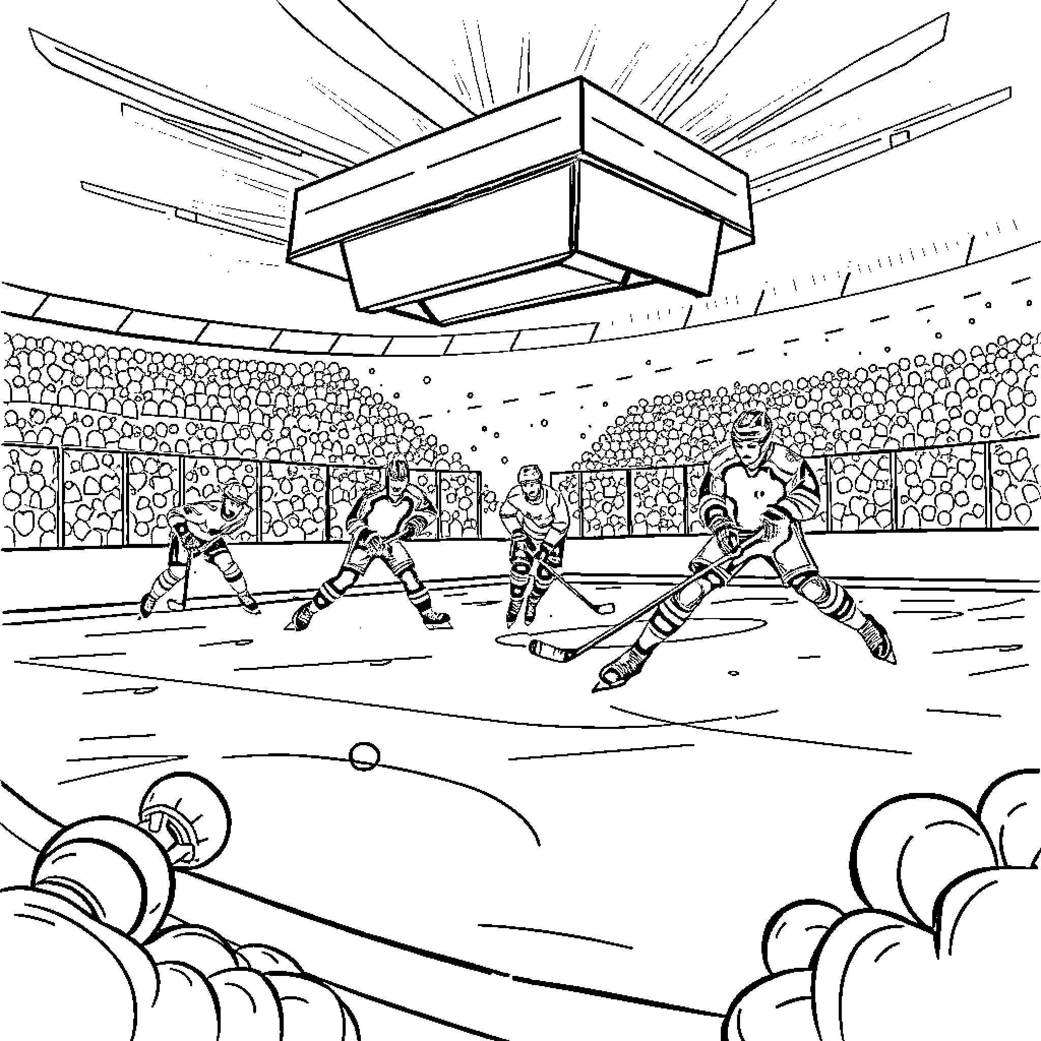 Hockey Players in Intense Match at Arena Coloring Page (free black-and-white line drawing printable PDF for all, from beginners to advanced learners, including children, teens, adults, and seniors)