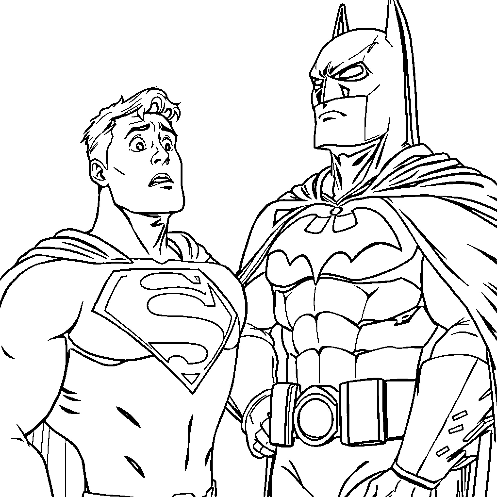 Superman and Batman - Heroes in Action Coloring Page (free black-and-white line drawing printable PDF for all, from beginners to advanced learners, including children, teens, adults, and seniors)