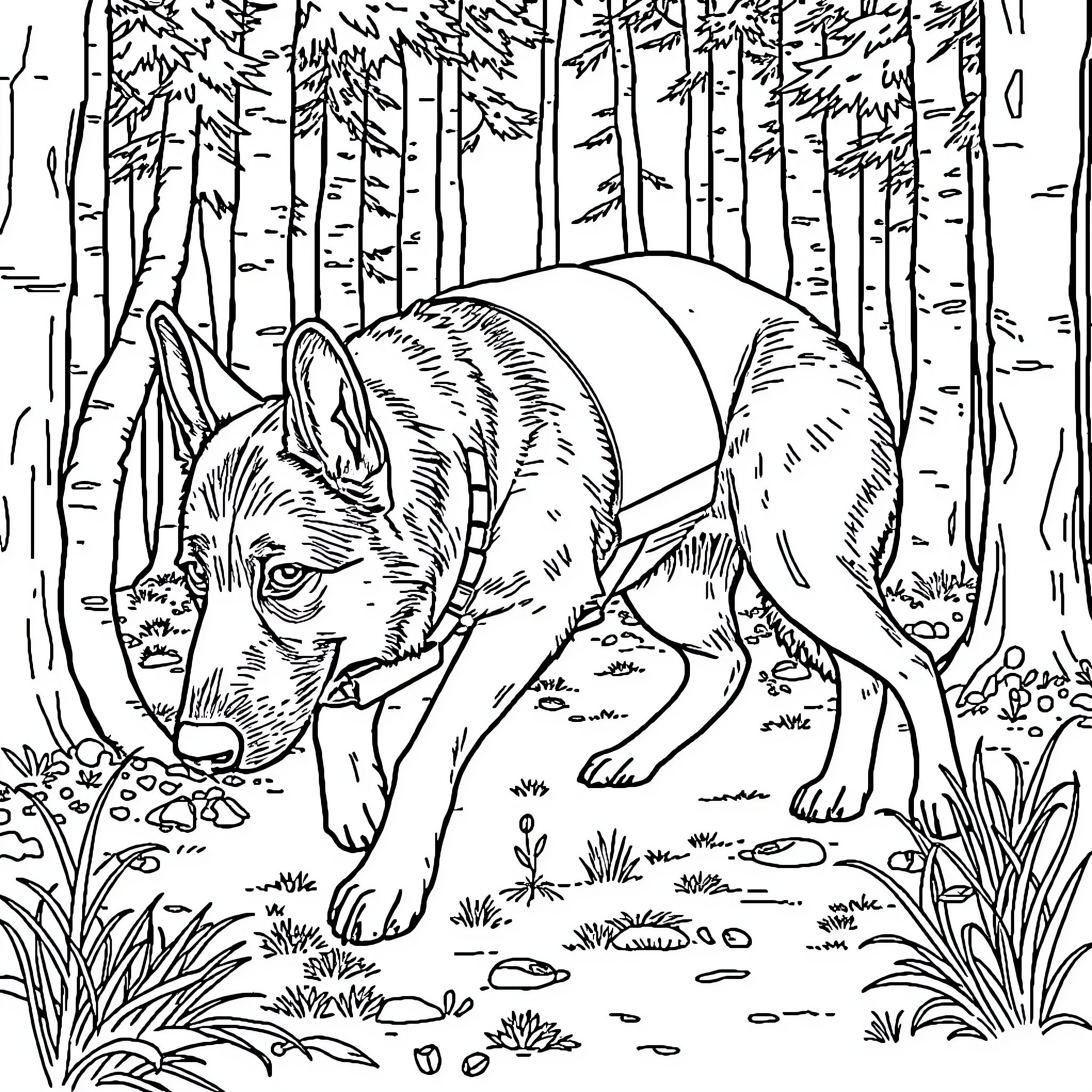 German Shepherd cautiously exploring forest Coloring Page (free black-and-white line drawing printable PDF for all, from beginners to advanced learners, including children, teens, adults, and seniors)