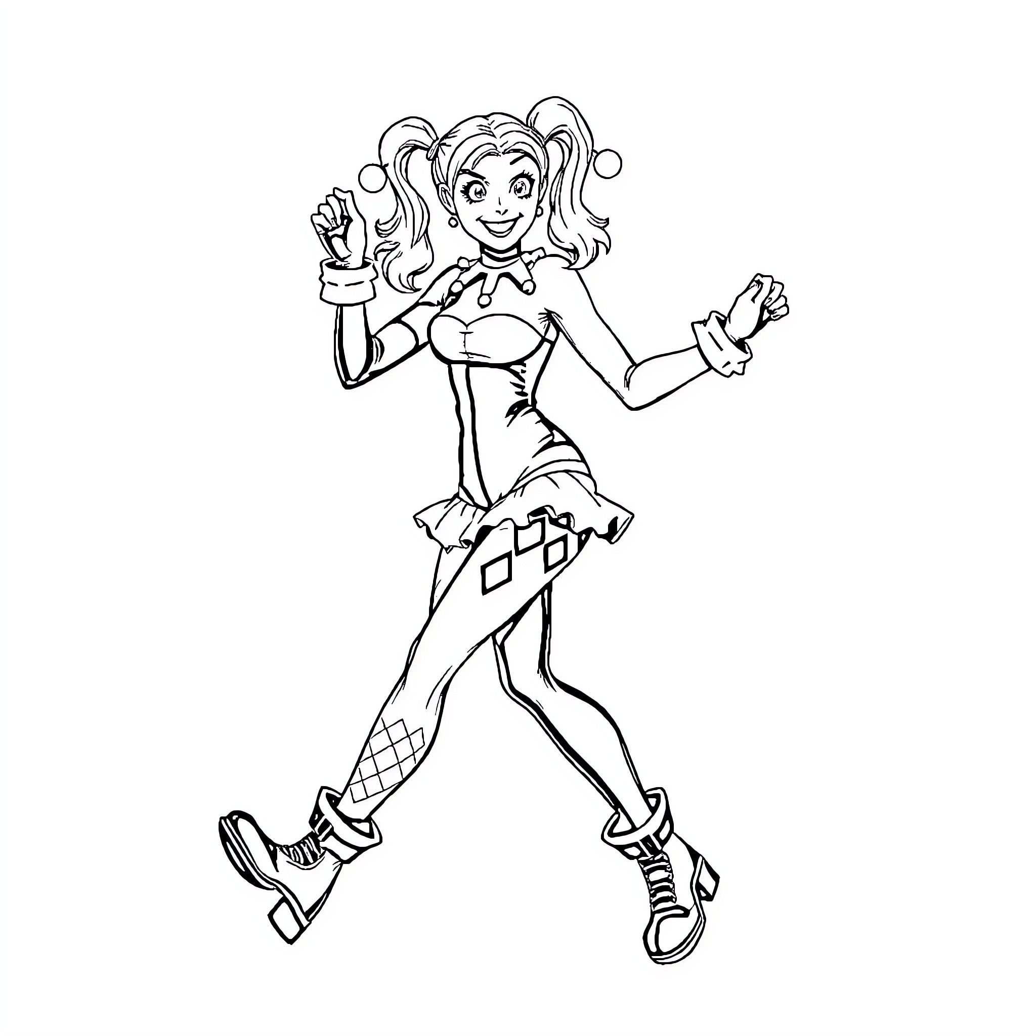 Harley Quinn in playful, energetic pose Coloring Page (free black-and-white line drawing printable PDF for all, from beginners to advanced learners, including children, teens, adults, and seniors)