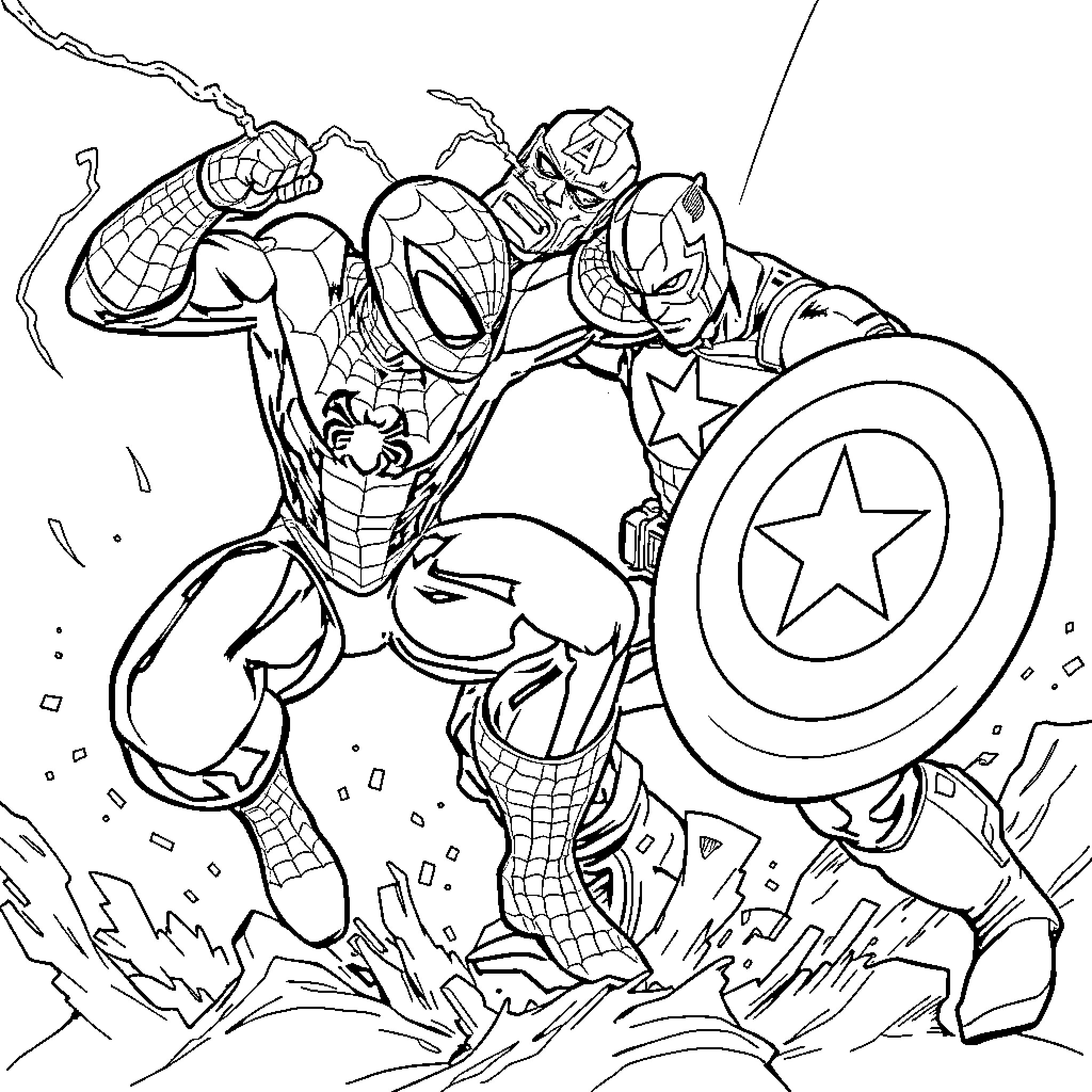 Spiderman heroically battles against Captain America Coloring Page (free black-and-white line drawing printable PDF for all, from beginners to advanced learners, including children, teens, adults, and seniors)