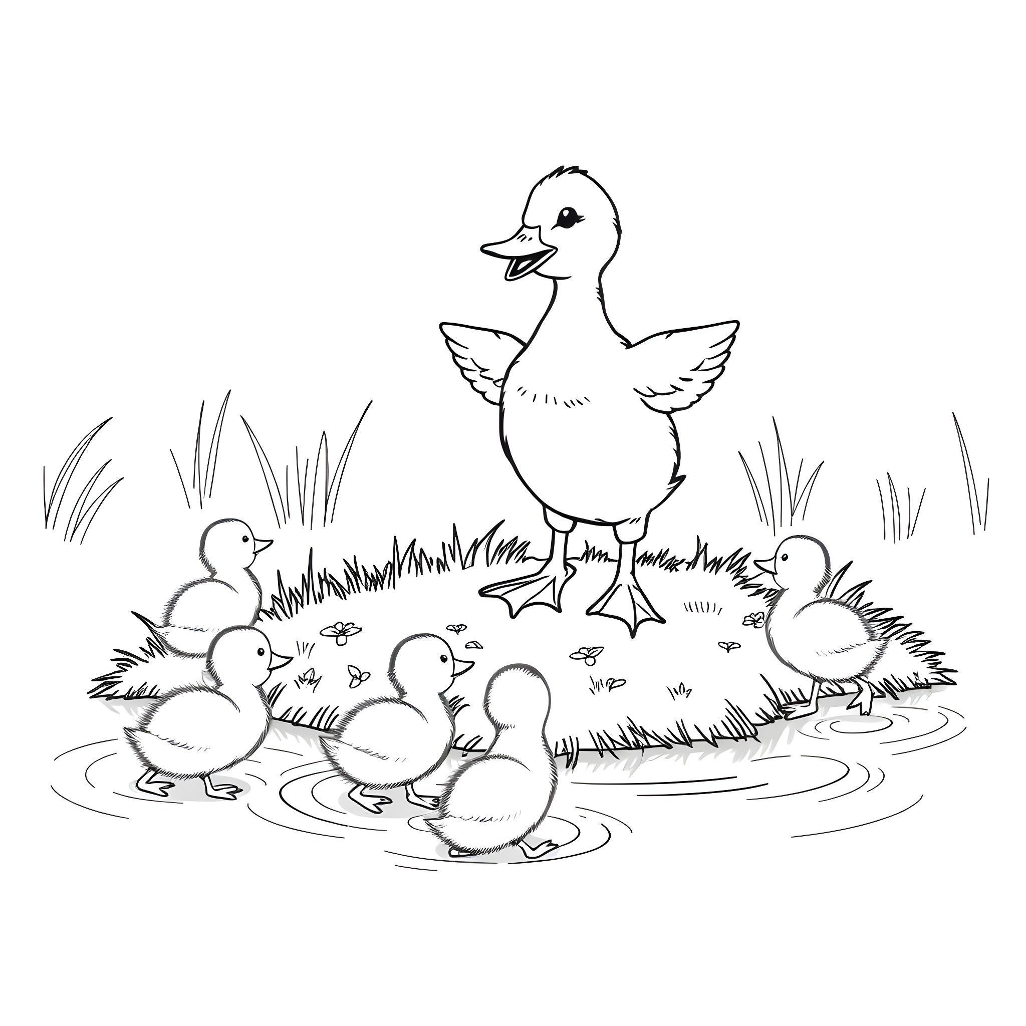 Duckling leading a group of baby ducklings Coloring Page (free black-and-white line drawing printable PDF for all, from beginners to advanced learners, including children, teens, adults, and seniors)