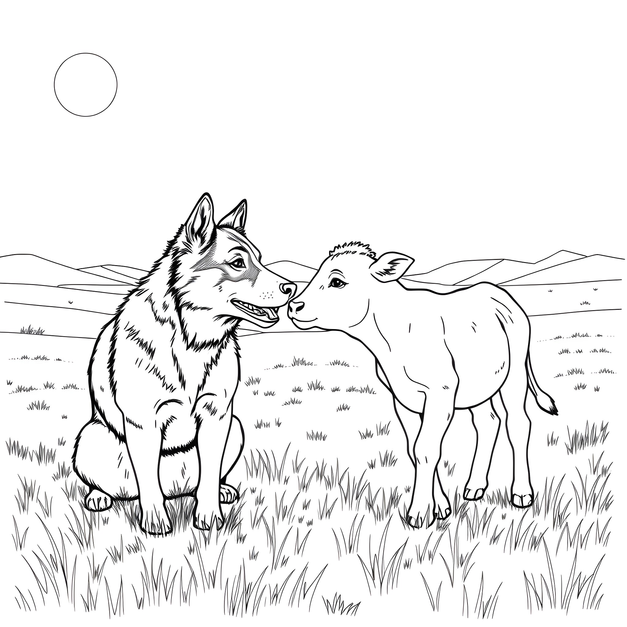 Australian Cattle Dog playing with baby calf in grassy field Coloring Page (free black-and-white line drawing printable PDF for all, from beginners to advanced learners, including children, teens, adults, and seniors)