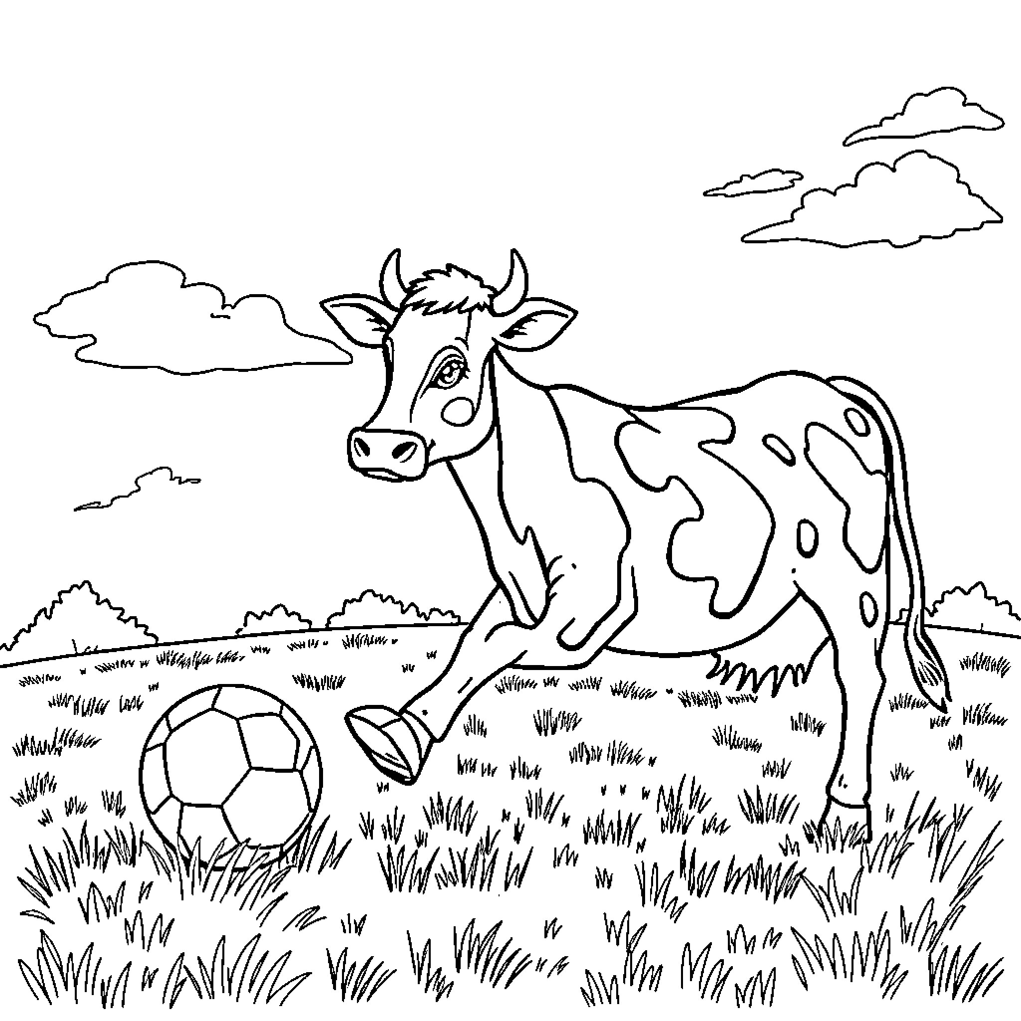 Cow playing with soccer ball in a grassy field Coloring Page (free black-and-white line drawing printable PDF for all, from beginners to advanced learners, including children, teens, adults, and seniors)