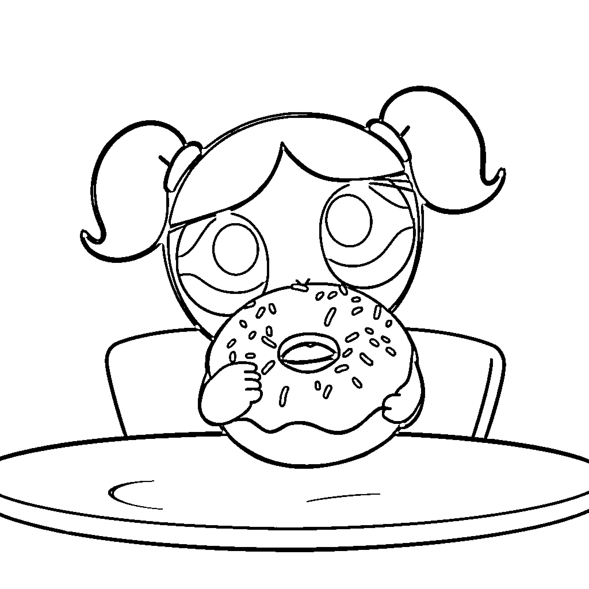 Bubbles enjoying a sweet donut treat Coloring Page (free black-and-white line drawing printable PDF for all, from beginners to advanced learners, including children, teens, adults, and seniors)