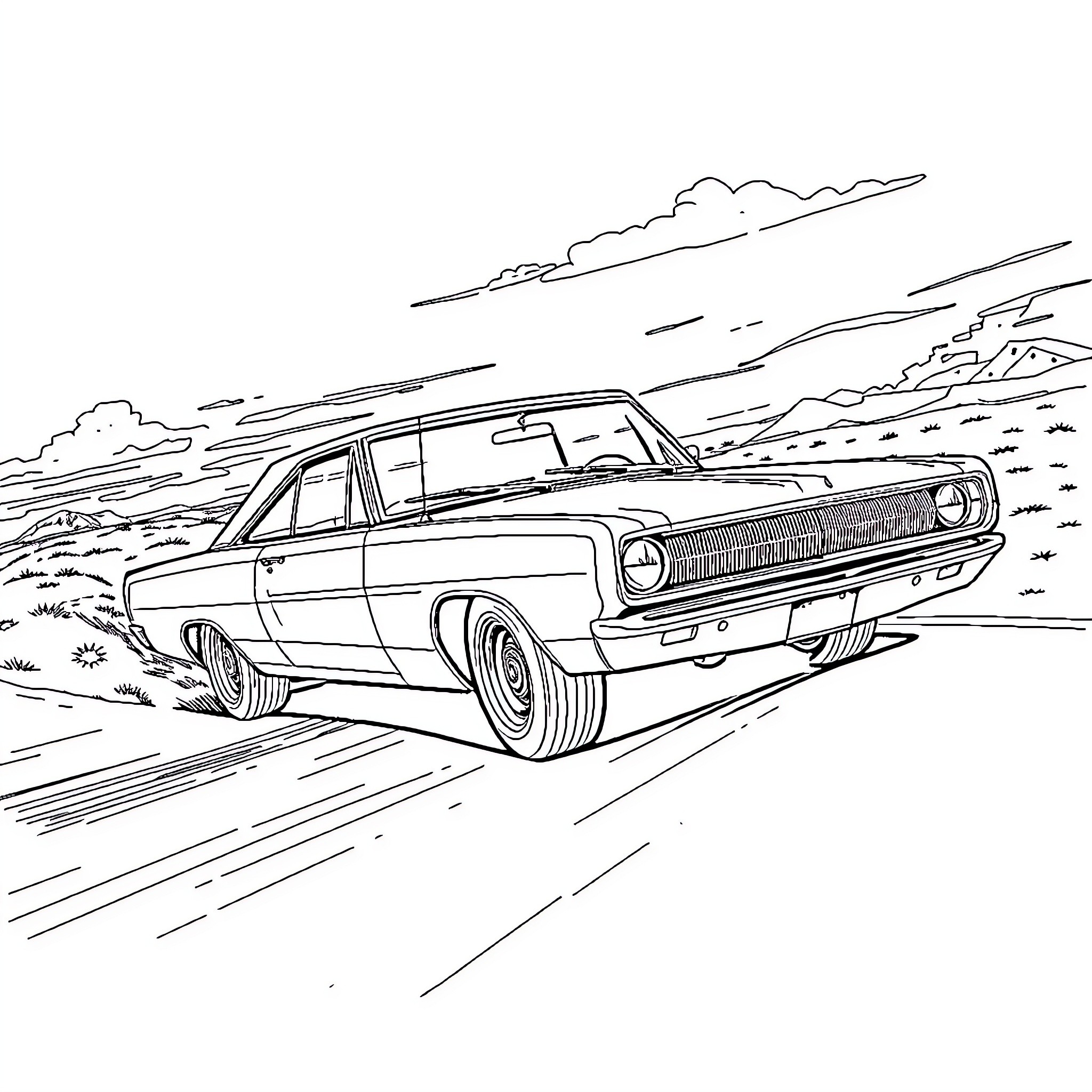 Dodge Coronet speeding along the open road Coloring Page (free black-and-white line drawing printable PDF for all, from beginners to advanced learners, including children, teens, adults, and seniors)