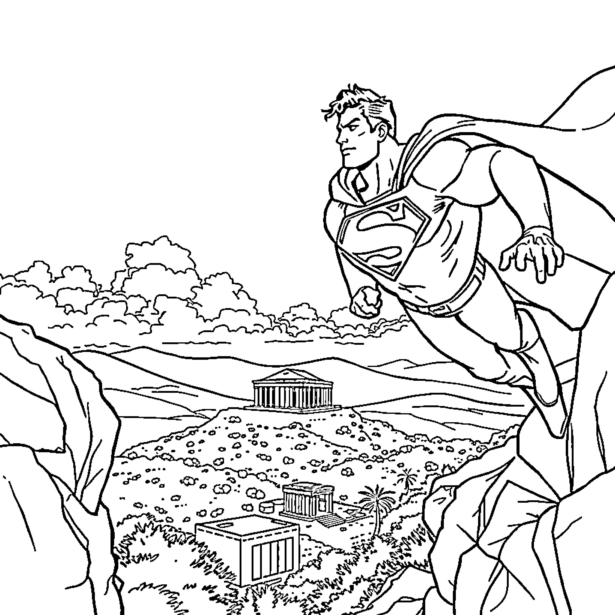 Superman soaring over a scenic landscape Coloring Page (free black-and-white line drawing printable PDF for all, from beginners to advanced learners, including children, teens, adults, and seniors)
