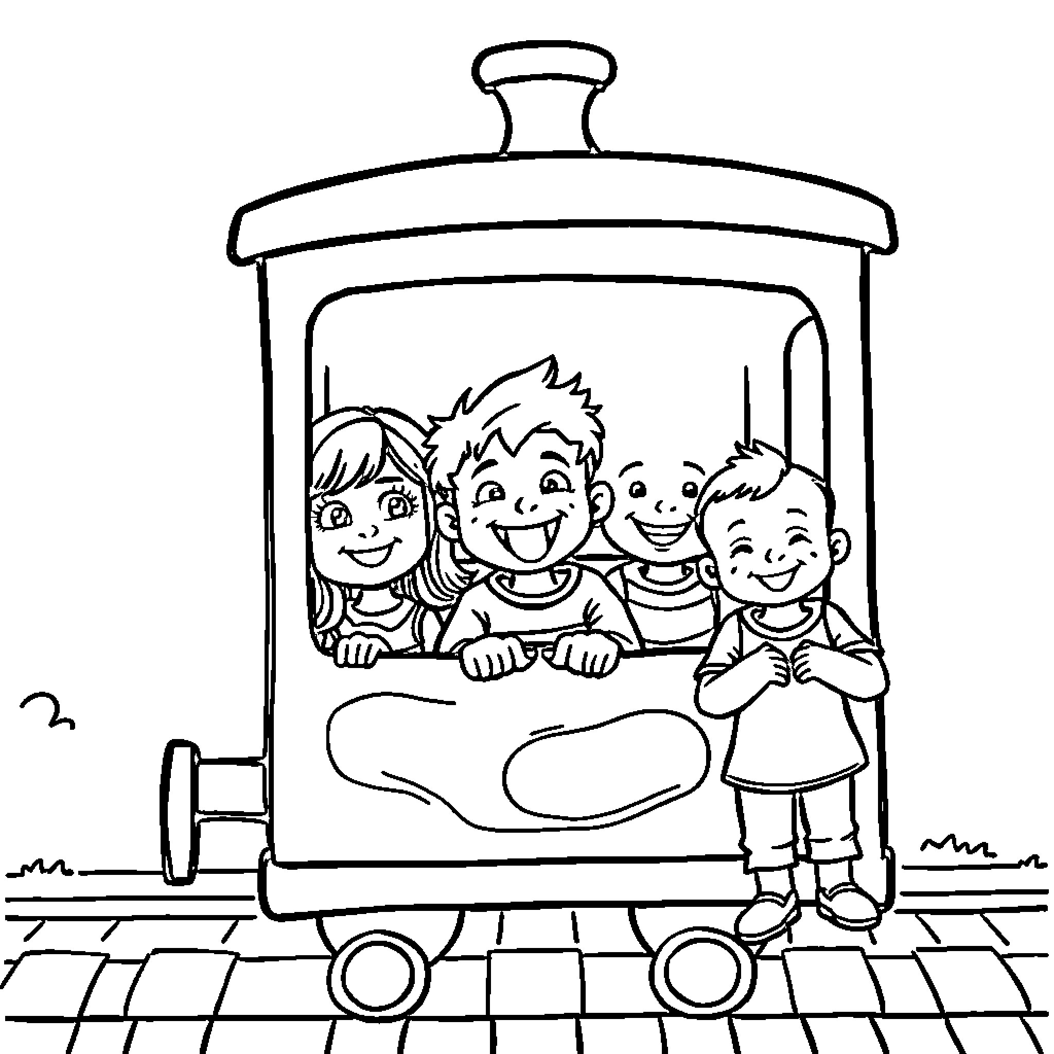 Train carrying a group of happy children Coloring Page (free black-and-white line drawing printable PDF for all, from beginners to advanced learners, including children, teens, adults, and seniors)