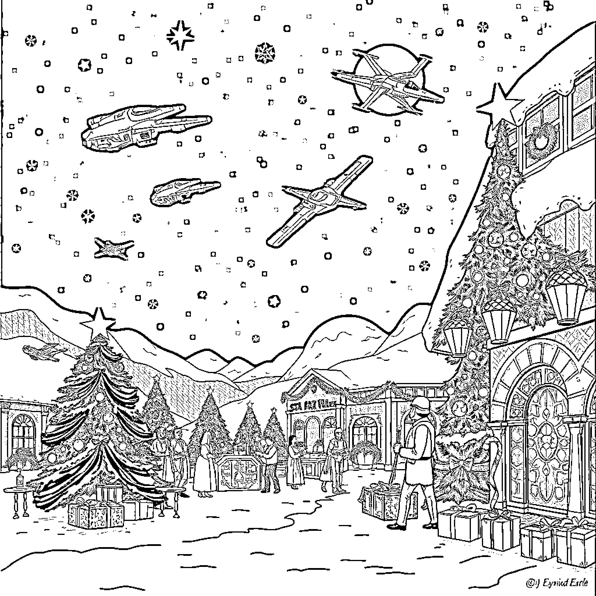 Star Wars Starry Winter Wonderland Scene Coloring Page (free black-and-white line drawing printable PDF for all, from beginners to advanced learners, including children, teens, adults, and seniors)