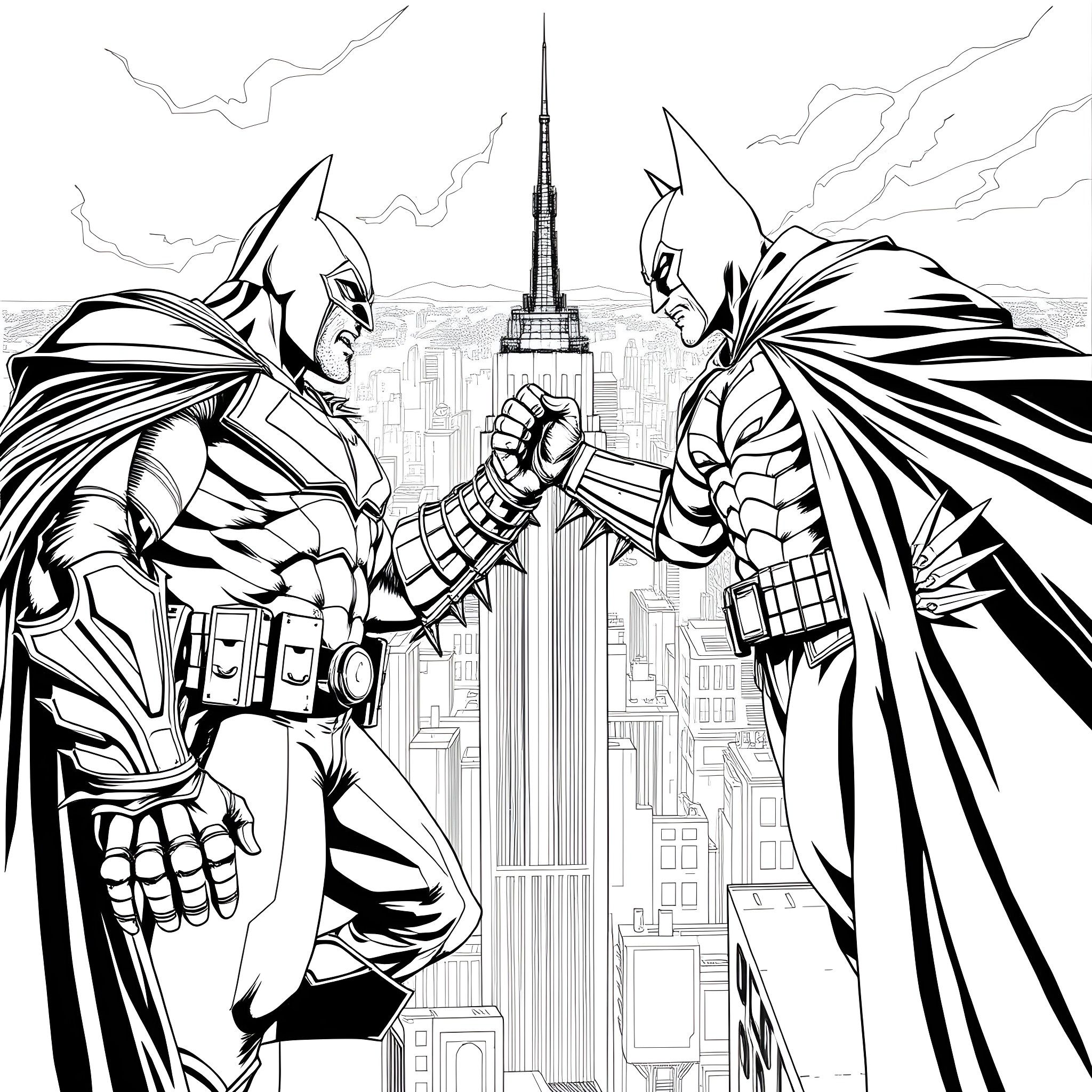 Bane and Batman's Confrontation in the City Coloring Page (free black-and-white line drawing printable PDF for all, from beginners to advanced learners, including children, teens, adults, and seniors)