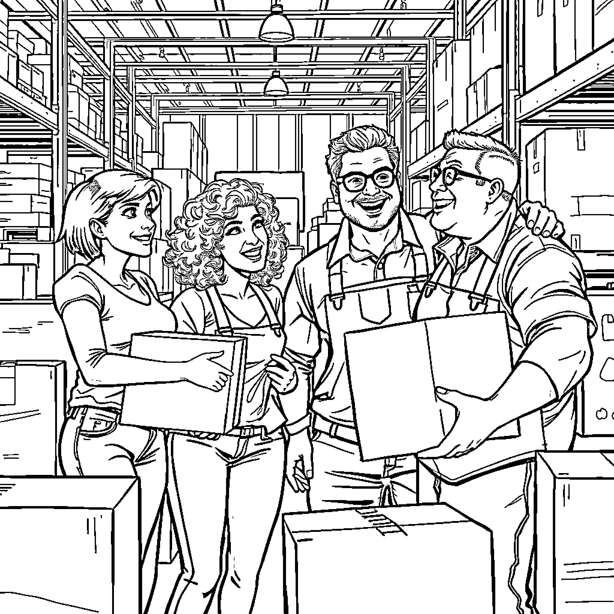 Friend discussing project in warehouse setting Coloring Page (free black-and-white line drawing printable PDF for all, from beginners to advanced learners, including children, teens, adults, and seniors)