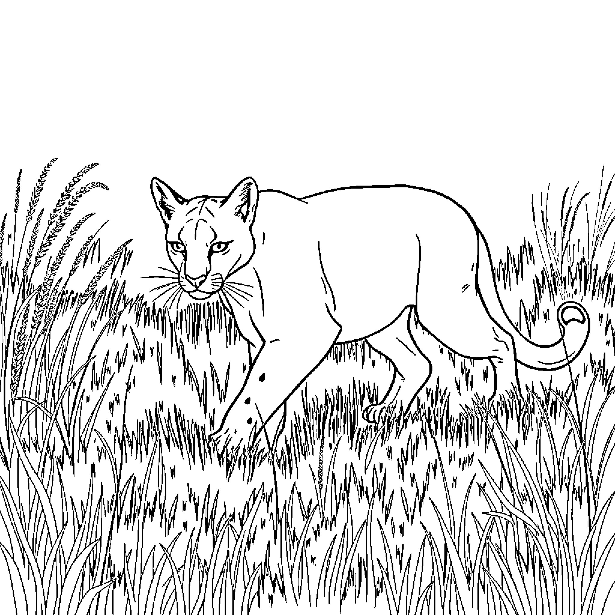 Puma prowling through the tall grass Coloring Page (free black-and-white line drawing printable PDF for all, from beginners to advanced learners, including children, teens, adults, and seniors)