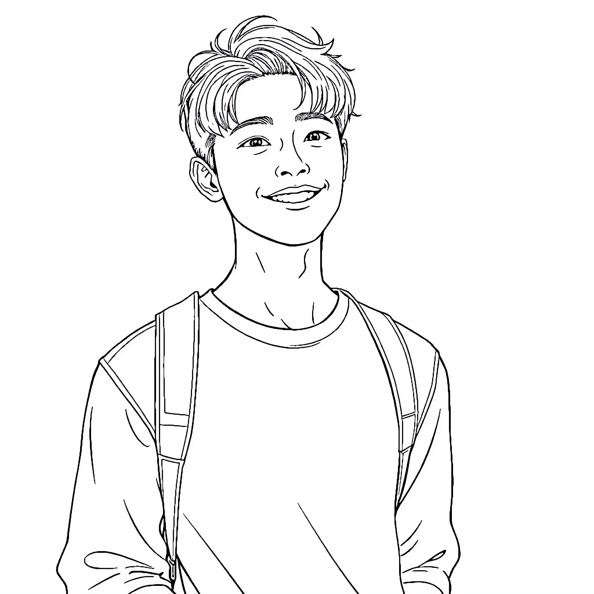 Chaeunwoo's cheerful expression and casual outfit Coloring Page (free black-and-white line drawing printable PDF for all, from beginners to advanced learners, including children, teens, adults, and seniors)
