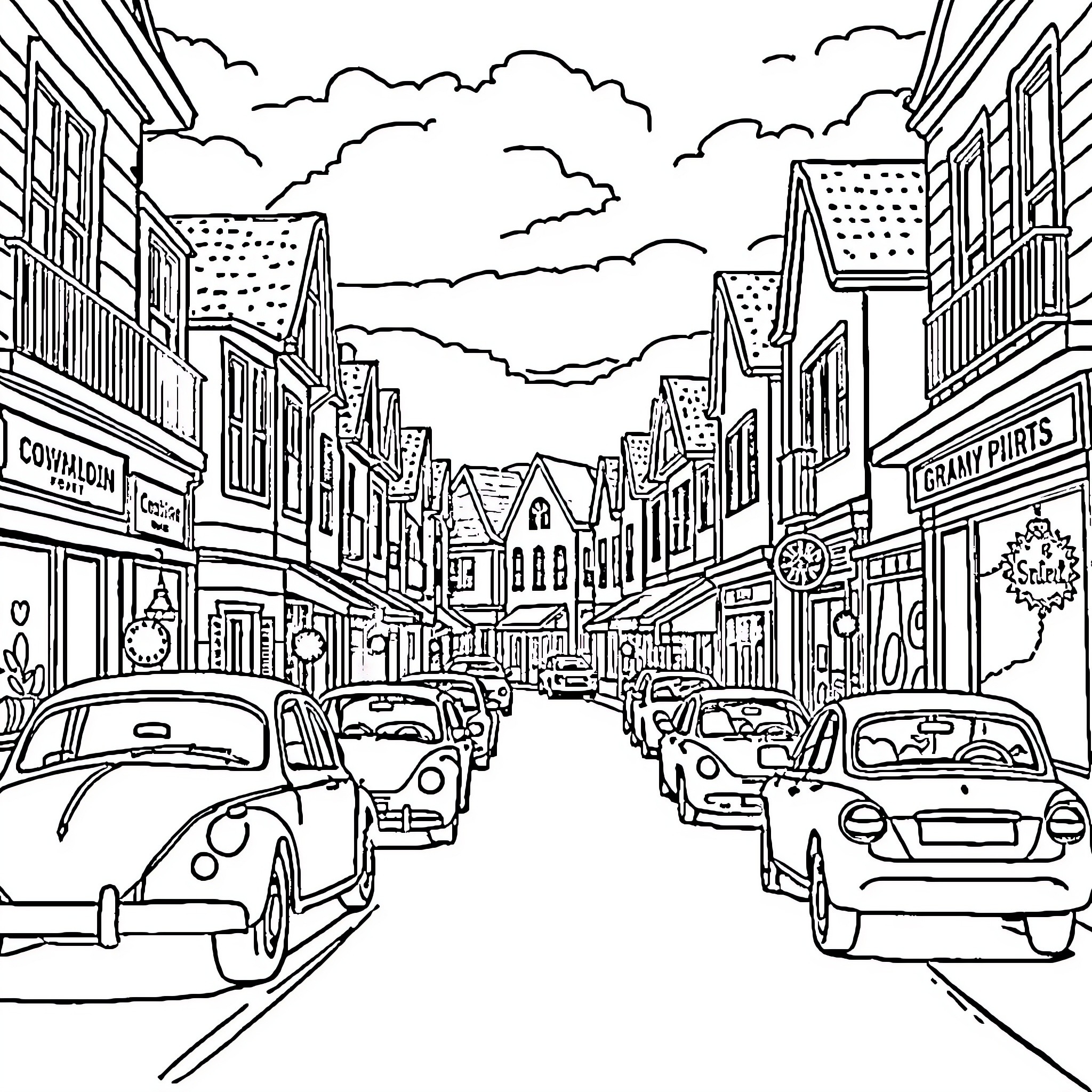 Town with bustling street and vintage vehicles Coloring Page (free black-and-white line drawing printable PDF for all, from beginners to advanced learners, including children, teens, adults, and seniors)