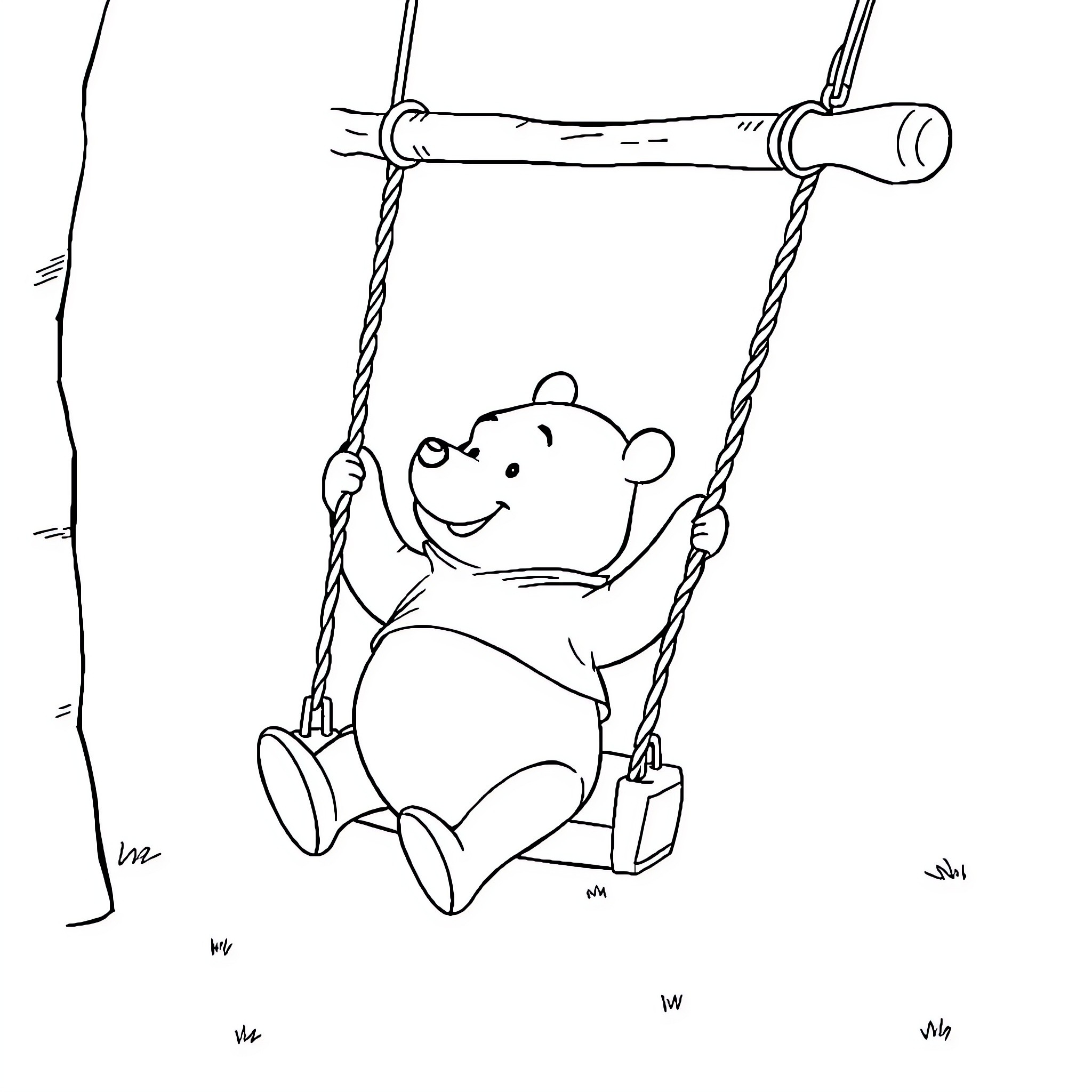 Winnie The Pooh on a Swing Coloring Page (free black-and-white line drawing printable PDF for all, from beginners to advanced learners, including children, teens, adults, and seniors)