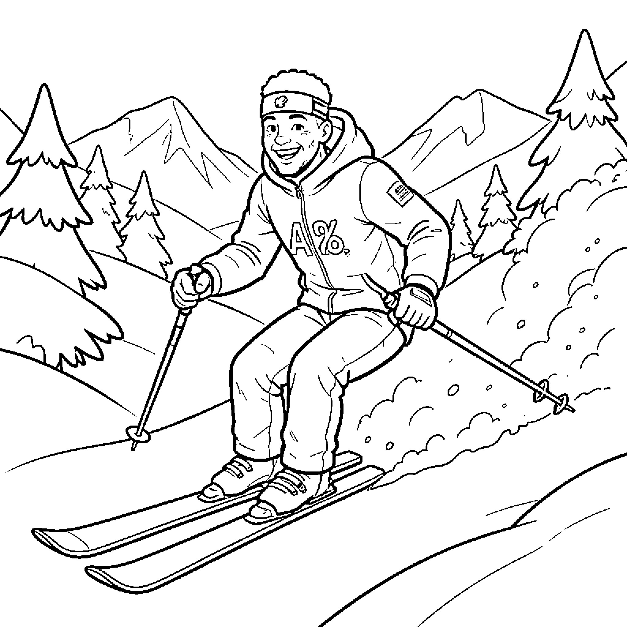 Neymar skiing down a snowy mountain slope Coloring Page (free black-and-white line drawing printable PDF for all, from beginners to advanced learners, including children, teens, adults, and seniors)