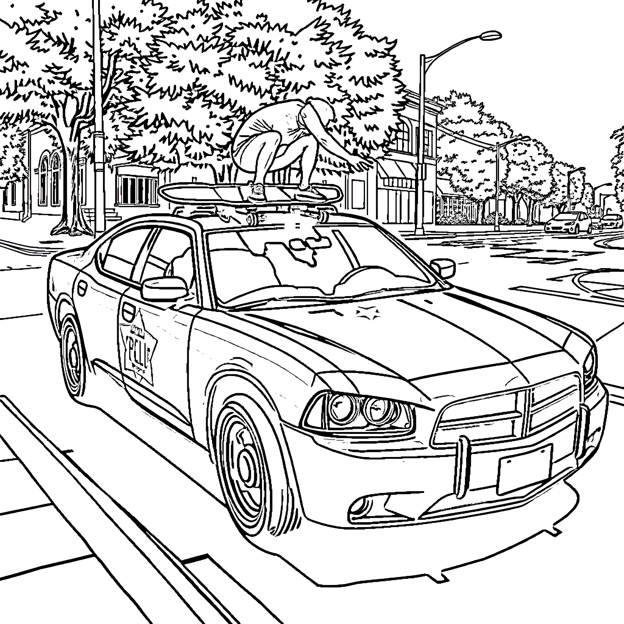 Skateboarding scene with police car in urban landscape Coloring Page (free black-and-white line drawing printable PDF for all, from beginners to advanced learners, including children, teens, adults, and seniors)