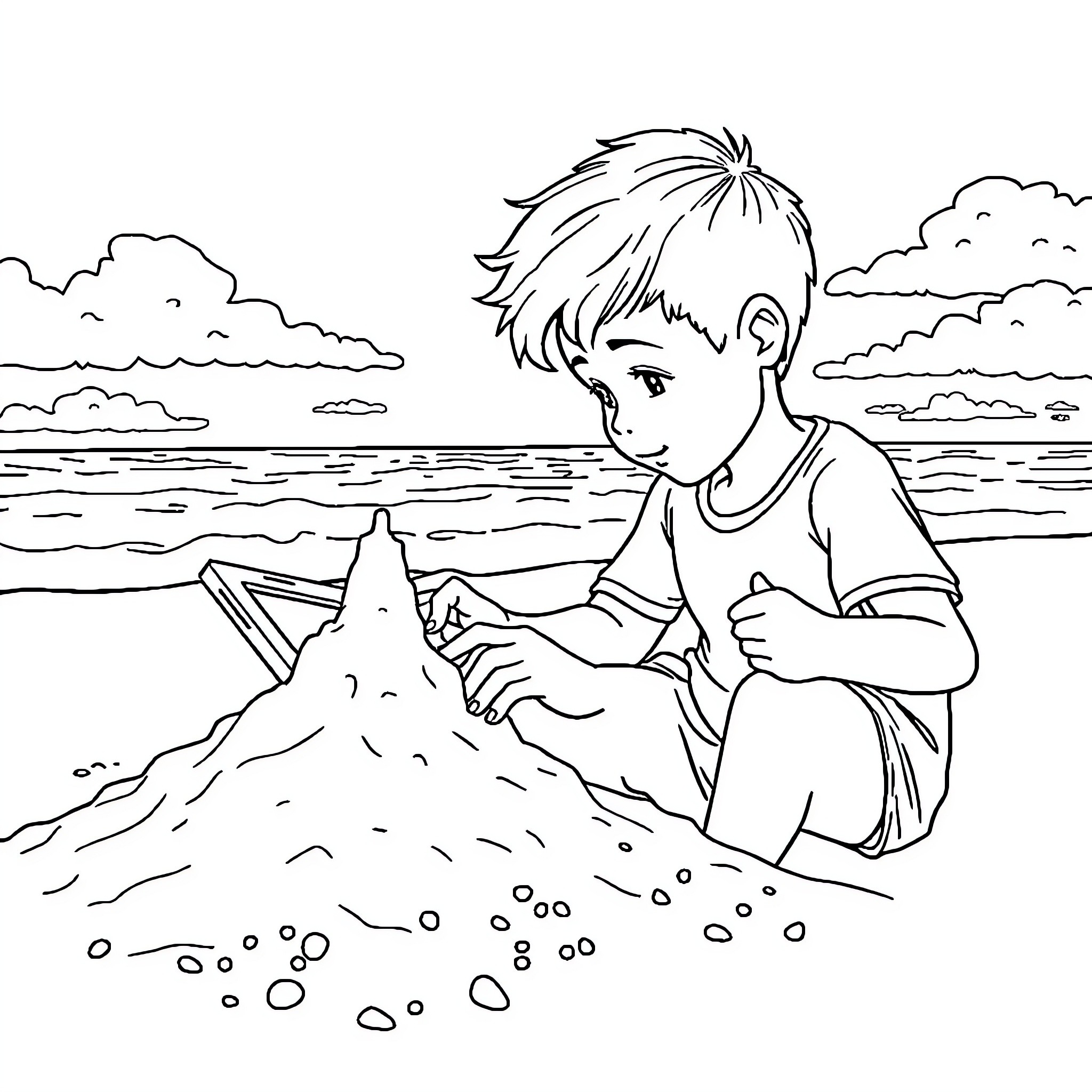 Boy building sandcastle on the beach Coloring Page (free black-and-white line drawing printable PDF for all, from beginners to advanced learners, including children, teens, adults, and seniors)
