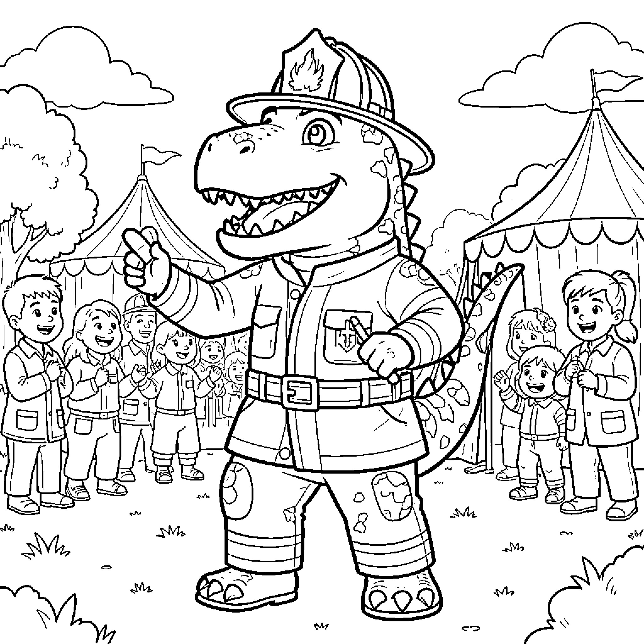 Dinosaur firefighter leading a parade of excited children Coloring Page (free black-and-white line drawing printable PDF for all, from beginners to advanced learners, including children, teens, adults, and seniors)