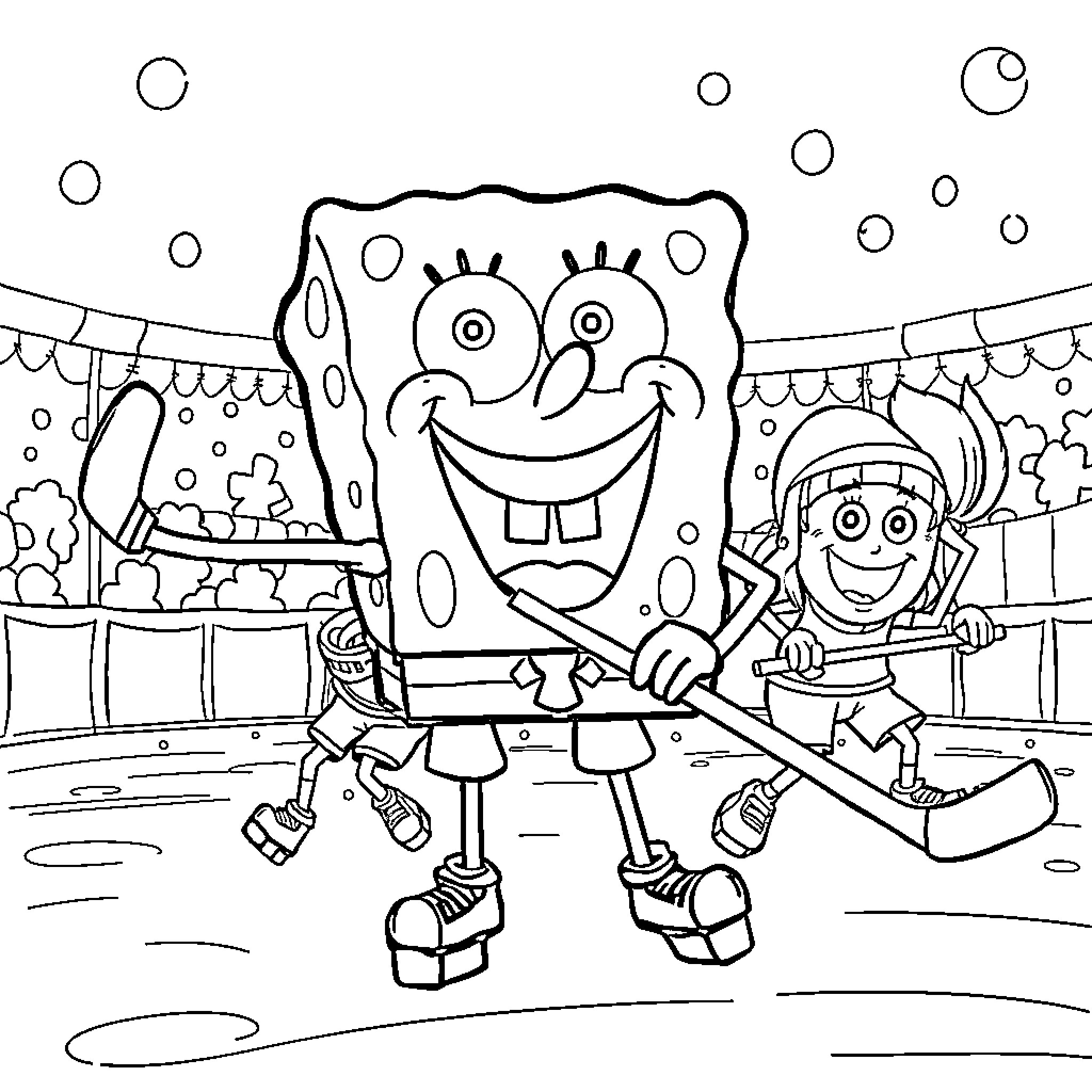 Spongebob and Patrick playing in the playground Coloring Page (free black-and-white line drawing printable PDF for all, from beginners to advanced learners, including children, teens, adults, and seniors)