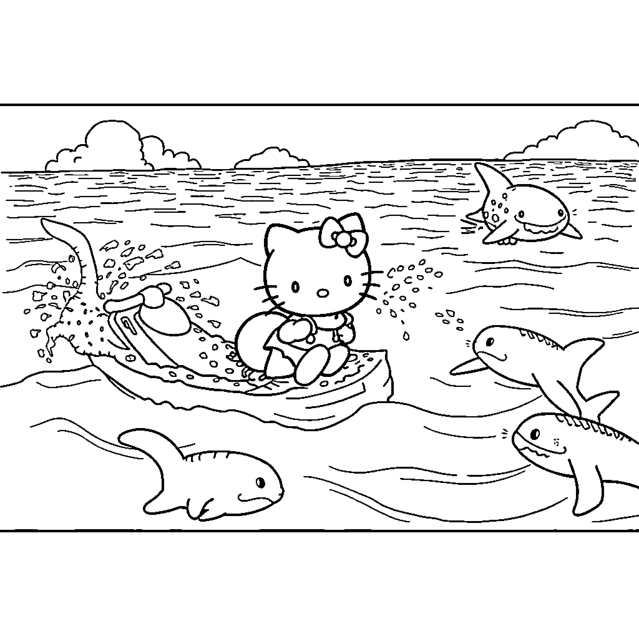 Hello Kitty swimming with marine creatures Coloring Page (free black-and-white line drawing printable PDF for all, from beginners to advanced learners, including children, teens, adults, and seniors)