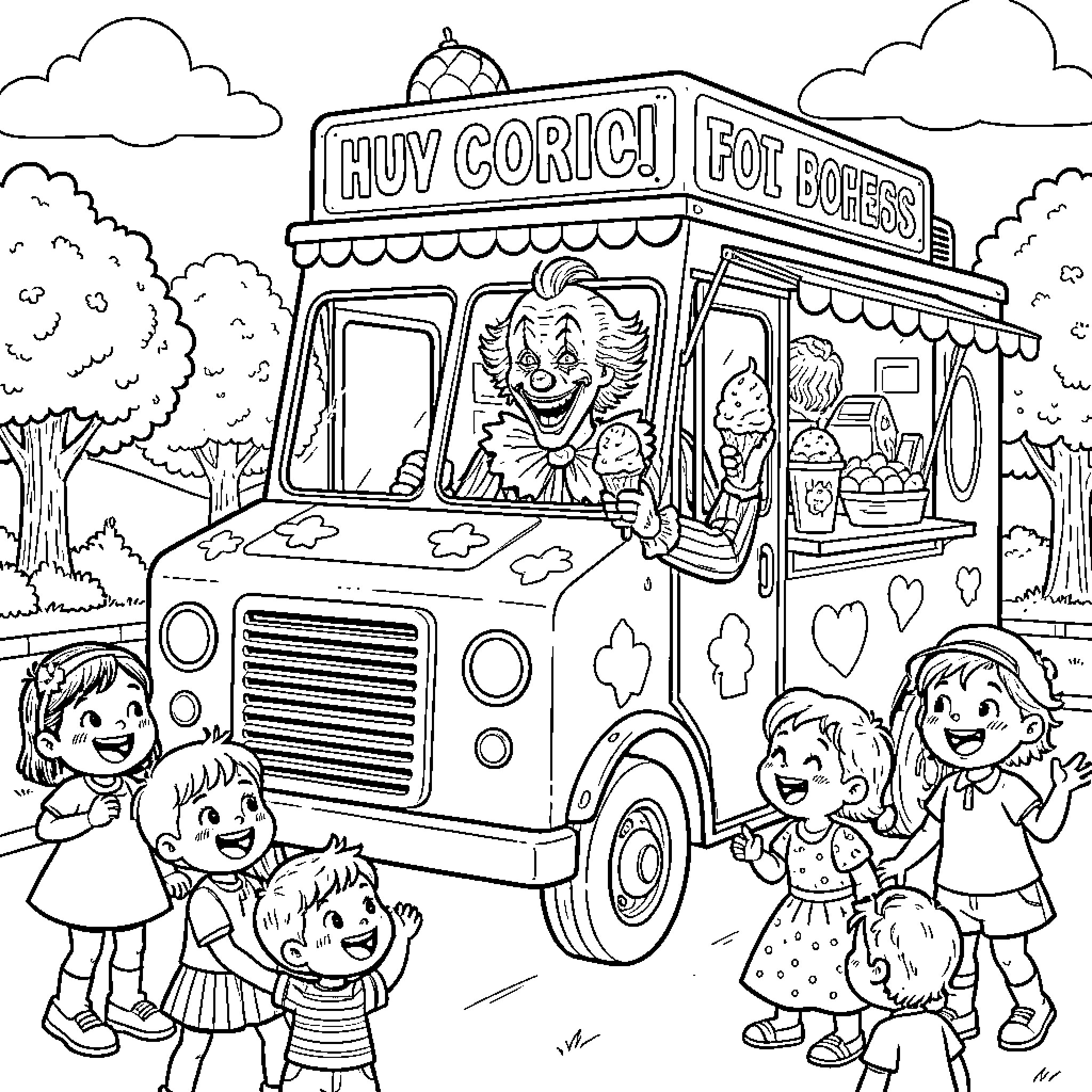 Pennywise driving an ice cream truck for happy children Coloring Page (free black-and-white line drawing printable PDF for all, from beginners to advanced learners, including children, teens, adults, and seniors)