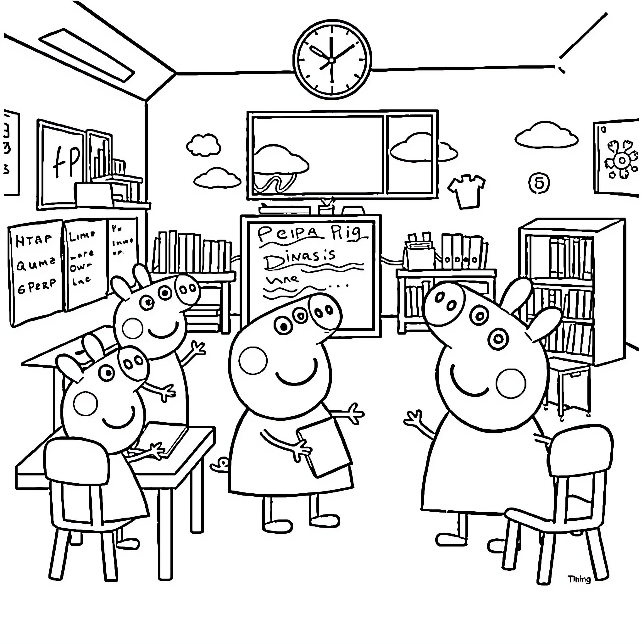 Peppa Pig and Family Enjoying Time at Home Coloring Page (free black-and-white line drawing printable PDF for all, from beginners to advanced learners, including children, teens, adults, and seniors)