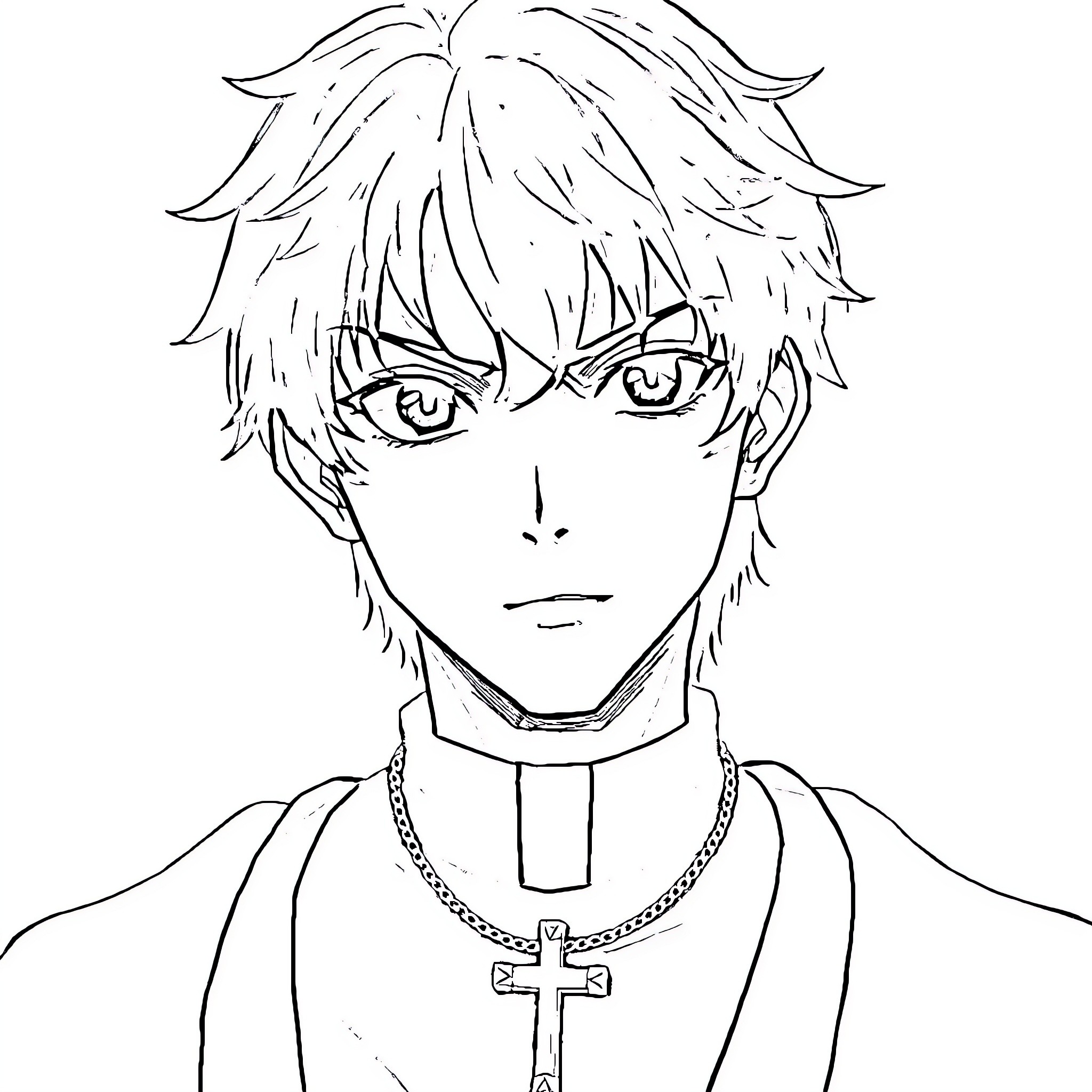 Young Man with Intense Gaze and Messy Hair Coloring Page (free black-and-white line drawing printable PDF for all, from beginners to advanced learners, including children, teens, adults, and seniors)