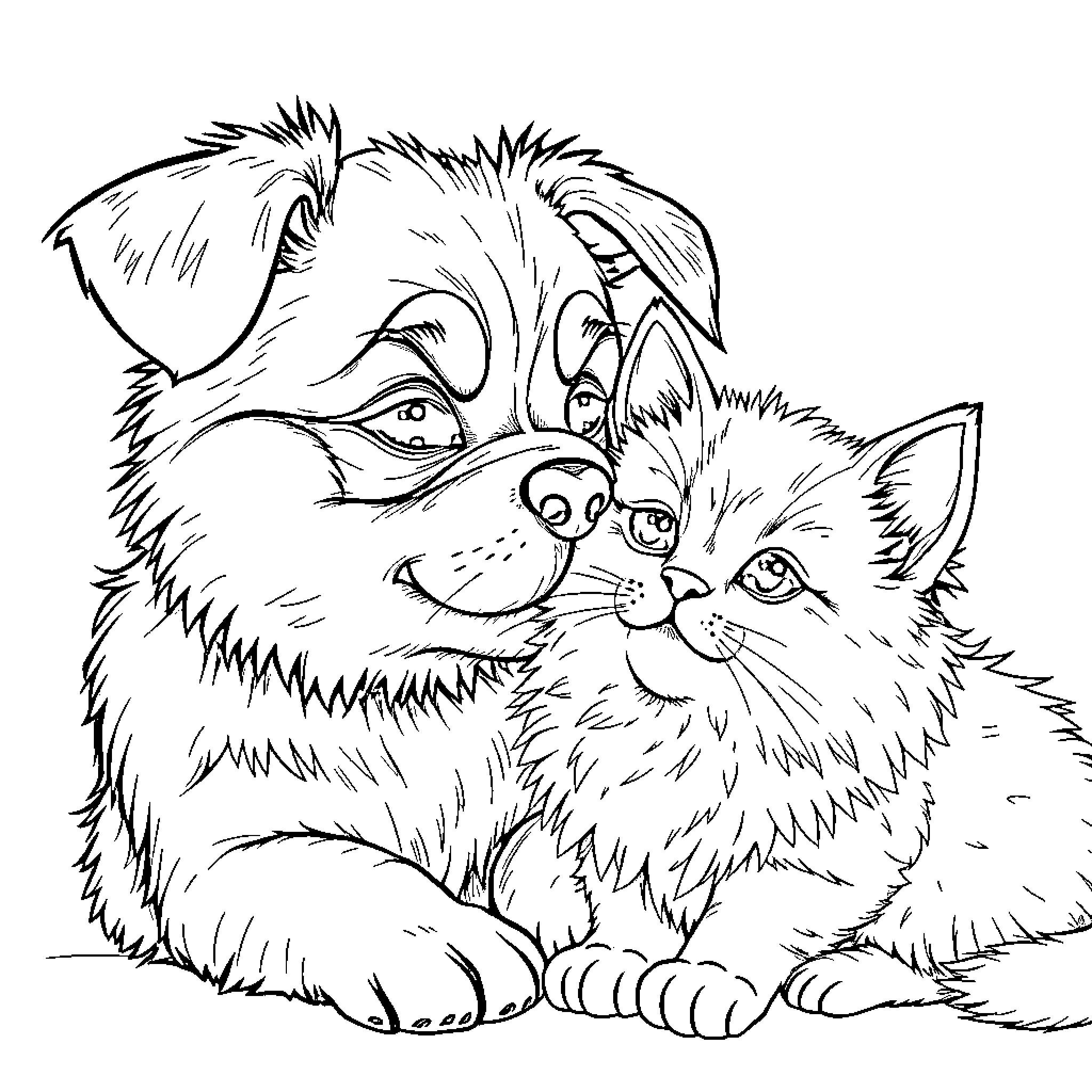 Dog and Kitten Enjoying Playtime Coloring Page (free black-and-white line drawing printable PDF for all, from beginners to advanced learners, including children, teens, adults, and seniors)