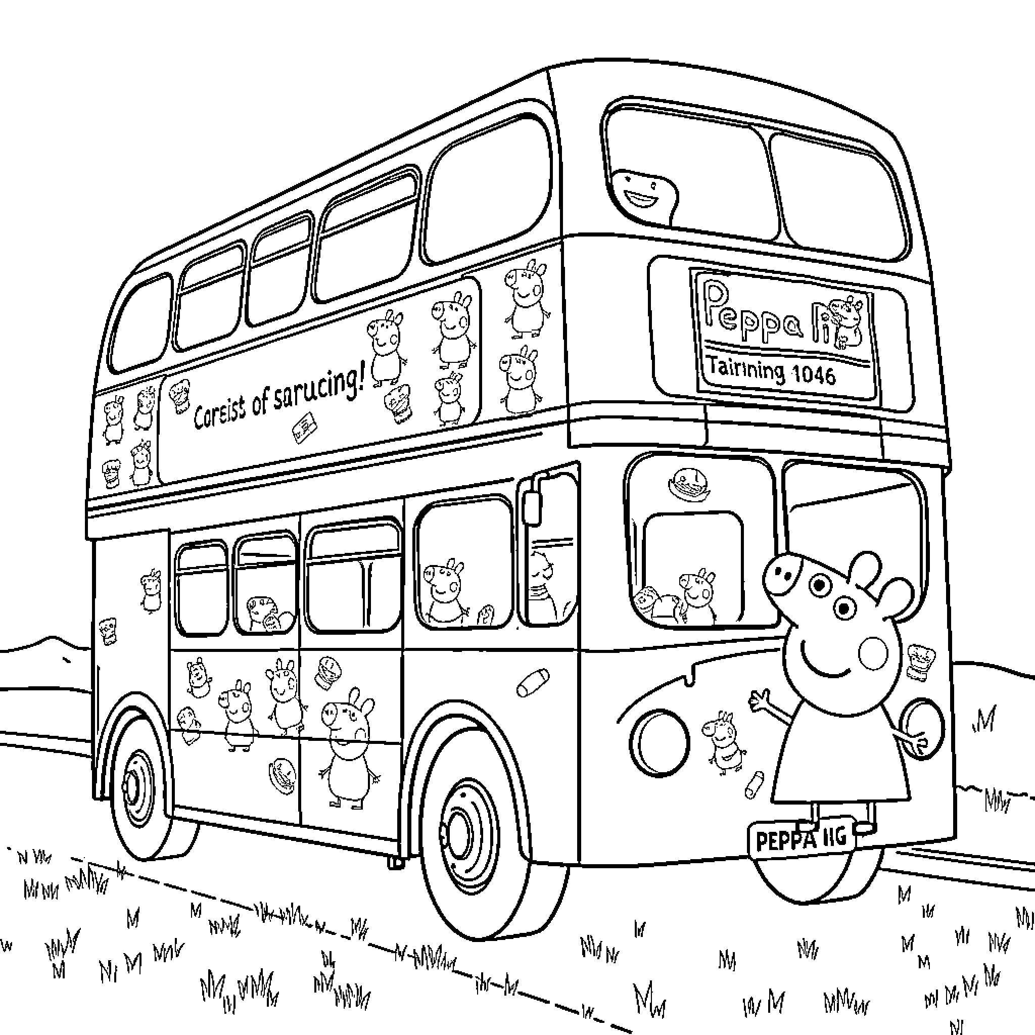 Bus with Peppa Pig characters and scenes Coloring Page (free black-and-white line drawing printable PDF for all, from beginners to advanced learners, including children, teens, adults, and seniors)