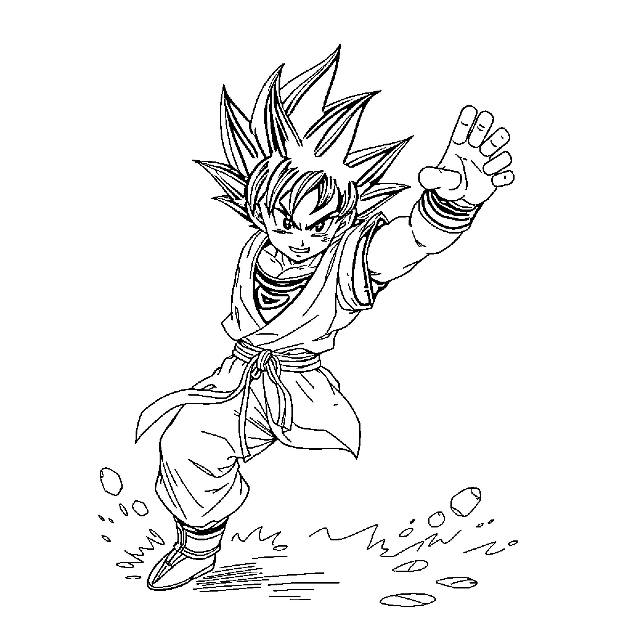 Gohan's Energetic Martial Arts Pose Coloring Page (free black-and-white line drawing printable PDF for all, from beginners to advanced learners, including children, teens, adults, and seniors)